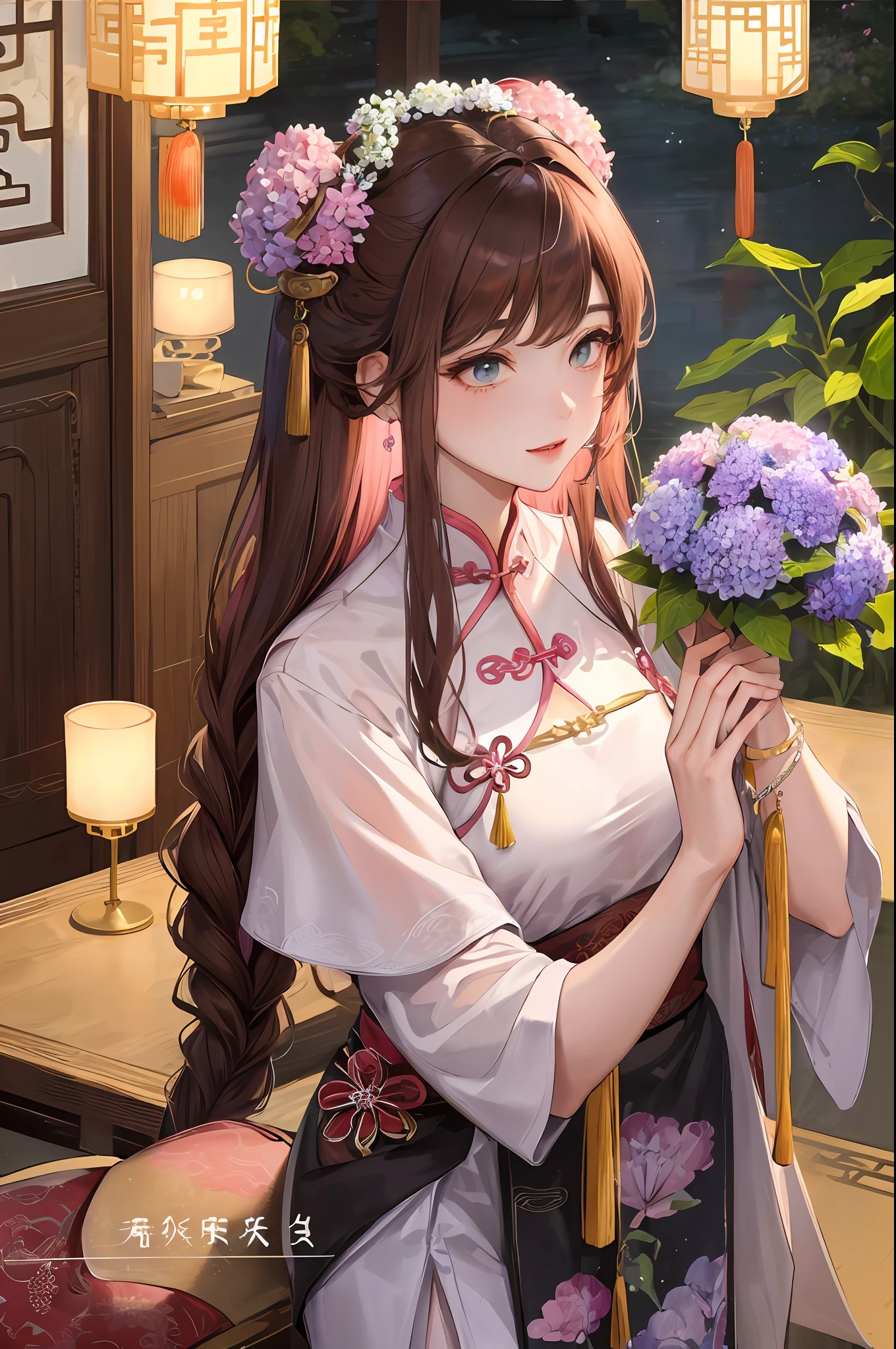 Masterpiece Superb Night Full Moon 1 Female Mature Chinese Style Ancient Chinese Sister Royal Sister Smile Brown Hair Princess Cut Twist Twist Braid Double Pill Head Light Pink Lips, Calm, Intellectual, Middle Hair, Green Pupils, Hairpins, Hydrangeas,
