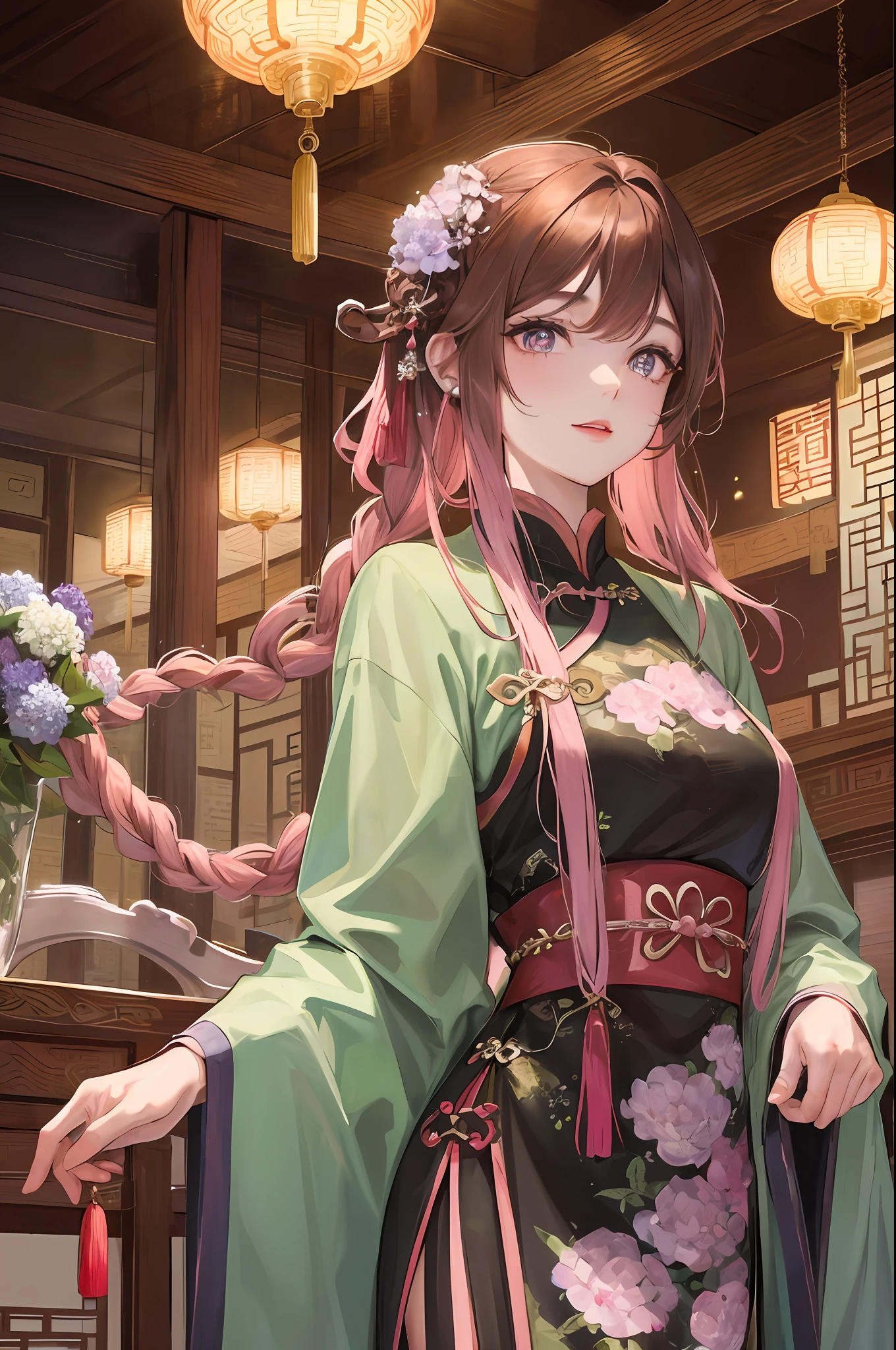 Masterpiece Superb Night Full Moon 1 Female Mature Chinese Style Ancient Chinese Sister Royal Sister Smile Brown Hair Princess Cut Twist Twist Braid Double Pill Head Light Pink Lips, Calm, Intellectual, Middle Hair, Green Pupils, Hairpins, Hydrangeas,