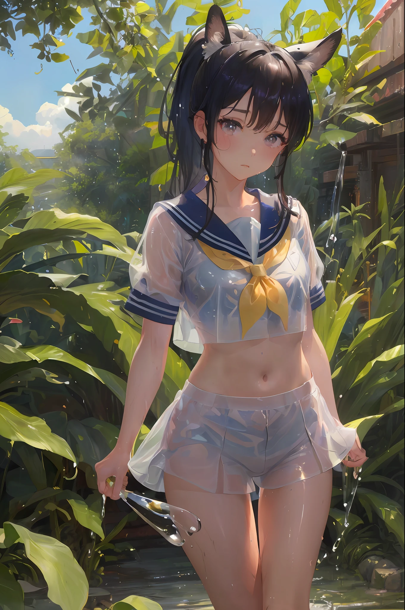 Cornflower art, dreamy, (masterpiece, top quality, perfect anatomy, beautiful face, realistic, super detailed, 1 girl, 18 ears senile, solo, depth of field, canon 24mm lens, f1.4, cute_girl, sailor_ collar, clear facial features, short sleeves, small breasts, slender stature, height 170, barefoot, double ponytail, bangs, gravure pose, outdoor, jungle, Blurred background, (Uwabaki: 1.1576)) Drenched all over body, clear liquid dripping from the crotch, the front of the shirt is exposed, the breasts are visible, transparent bra, light blue striped buns, NSEW.