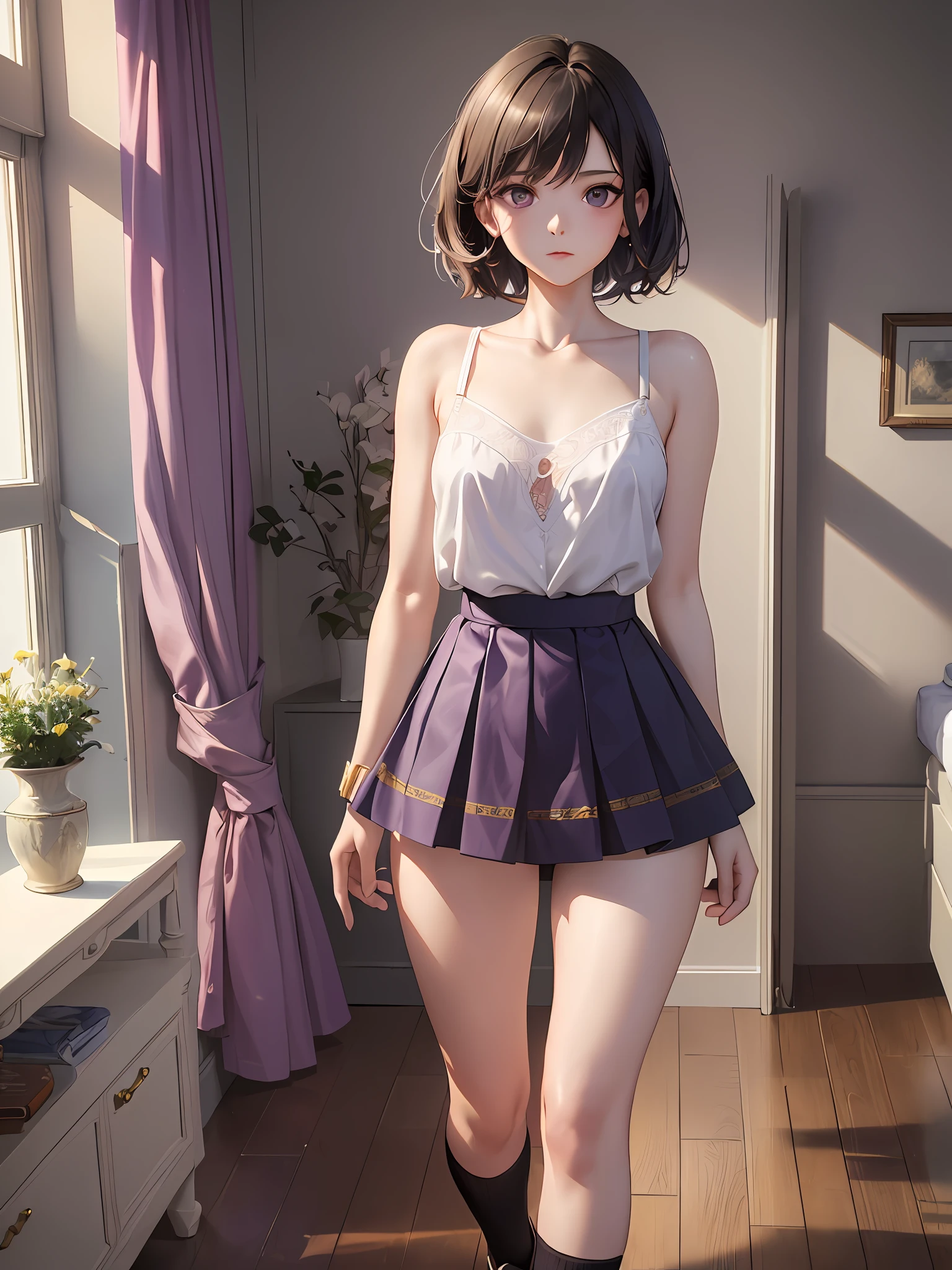 (masterpiece, top quality, very detailed, high resolution,) ray tracing, calm room, girl 1, short hair, disheveled hair, 19 years old, middle of chest, chest groove, full body, slender, thin waist, thighs, beautiful eyes, purple eyes, depiction of movement, skirt, underwear, cute clothes, no shoes, (socks), sleeveless