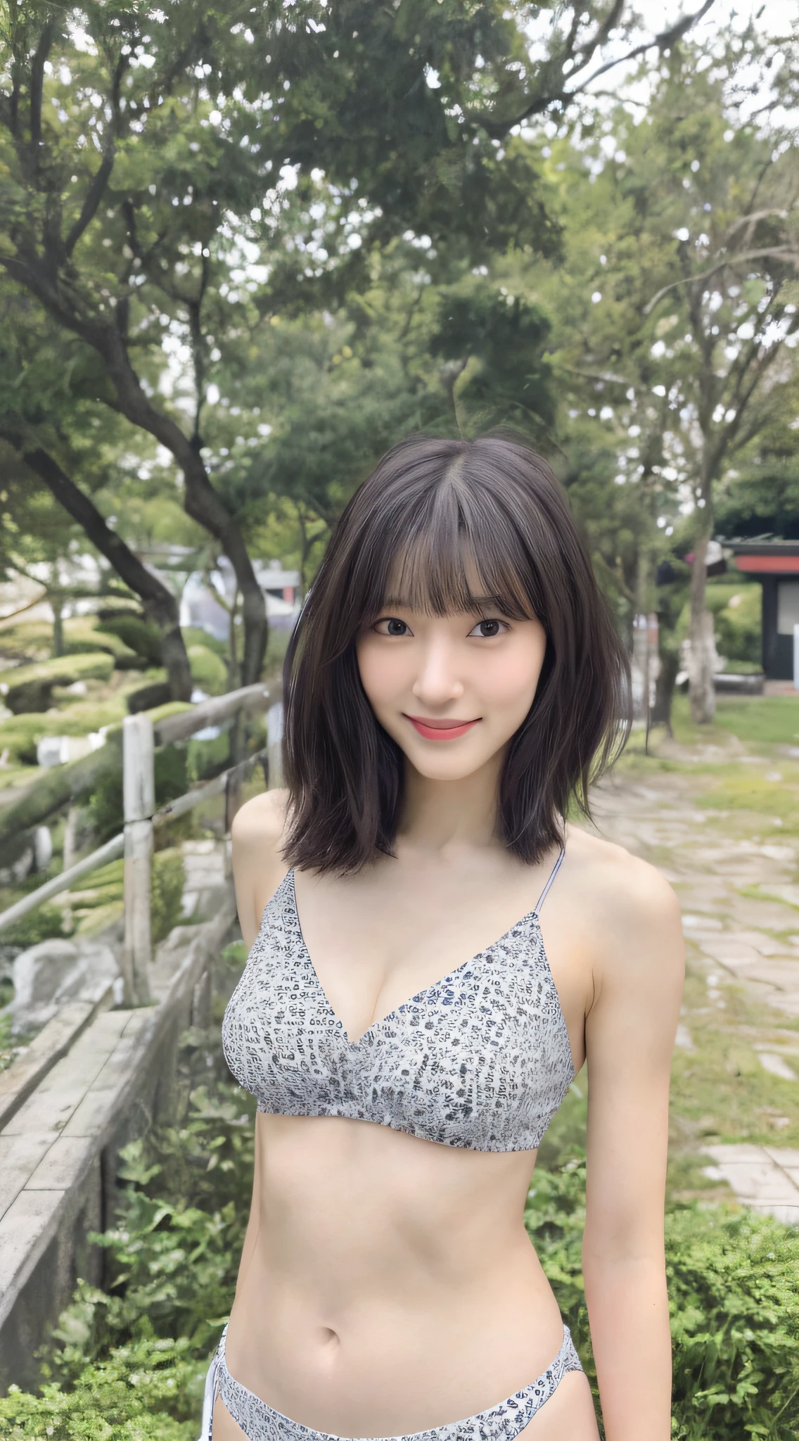 Full body, (Best quality, Masterpiece: 1.2), Cute Japan woman pictures, 1 girl, Beautiful Japan girl, 25 years old, (((Tube top bikini: 8.5)), Full body portrait, Very delicate body, Small tits, (Thin waist: 5.5)), (Slender abs: 3.5), (Small), (Female 160 cm), 1 star of cute Japan, shoulder-length hair, light makeup, small breast size, Realistic photo with small smile, USJ clear facial features, Canon EOS, 8K high resolution, sharp and realistic details, outdoor, full body portrait, hair fluttering in the wind, bangs,