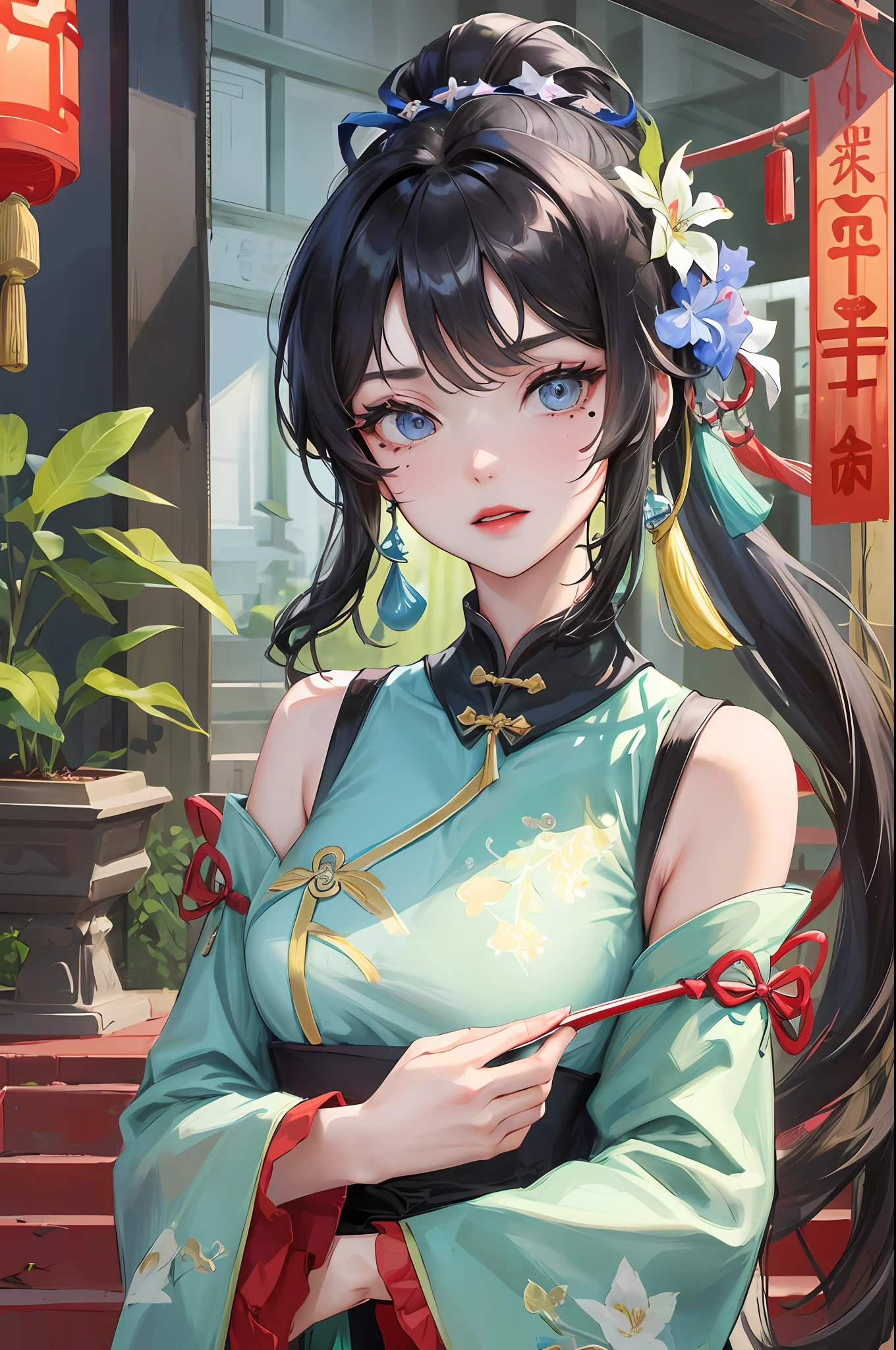 1girl, upper body, fashi-girl, (masterpiece: 1.4), (best quality: 1.4), (shiny skin), red lips, looking at viewer, breasts, partiped lips, soft, cure beauty, high ponytail, blue eyes, sideways, shy, eyebrows, chinese background, depth of field, temple, sadness, chinese architecture, firewood cannon, hairpin, black hair, floral pattern, light green clothes, sacred, Genshin impact, beauty mole,