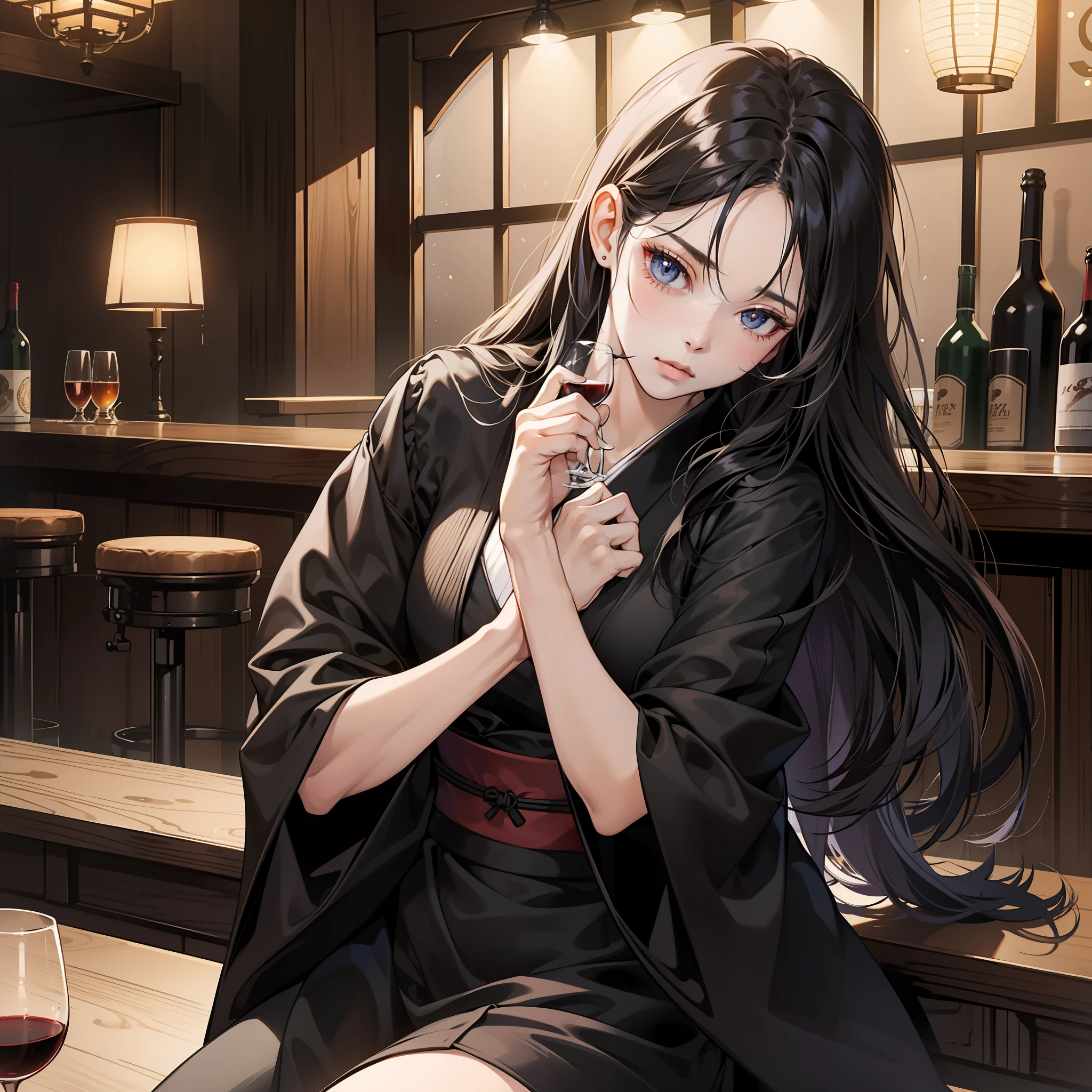 In the bar, a woman, sad, black dress, head down, conservative, long black hair, sitting on a stool, a glass of wine on the bar, from Girl Front, Girl Front style, smooth anime CG art, Japanese anime style