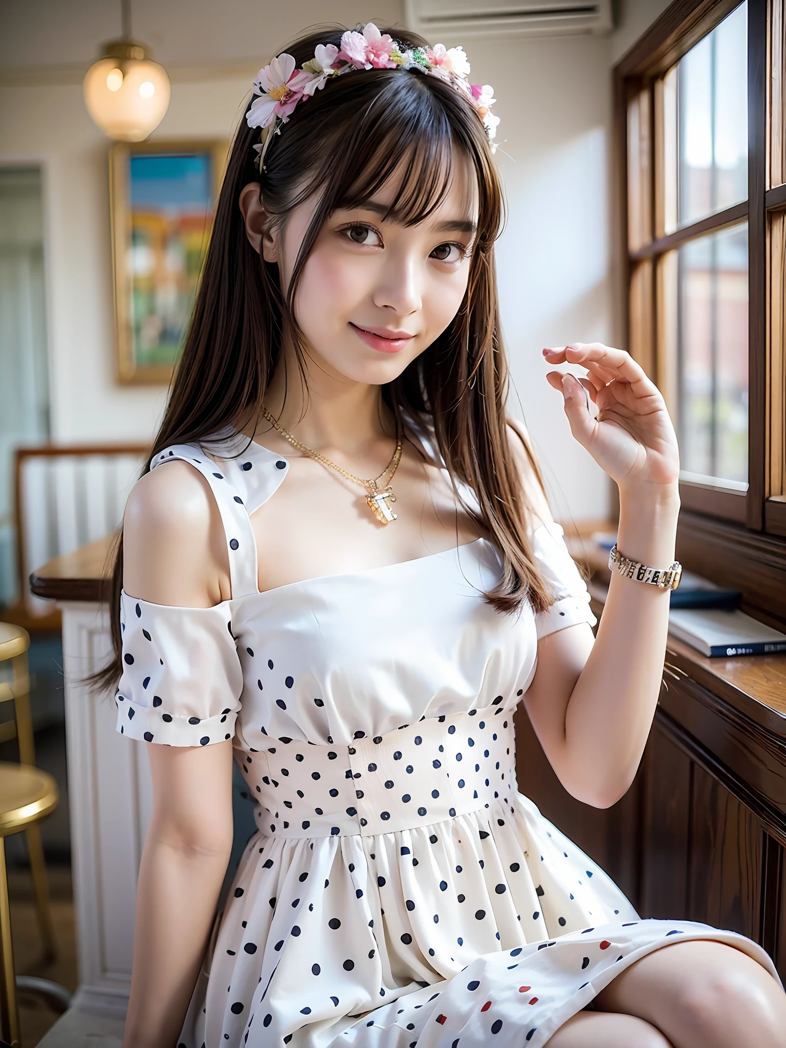 18 year old girl with perfect face and big breasts, right hand and hair, cute clothes, slim and slender physique. The skin has detailed and highly detailed eyes (1.1 emphasis), very detailed skin texture (1.1 emphasis). slender necklace, model photo style, photorealistic, skin texture is real human skin texture, detailed skin pores, intricate details, eyes are very detailed, polka dot dress, polka dots, polka dots colorful!!!、! Dream polka dots, highly detailed polka dots, from the knees, attractive sexy little bit, smiling, eating sweets in a café --s2
