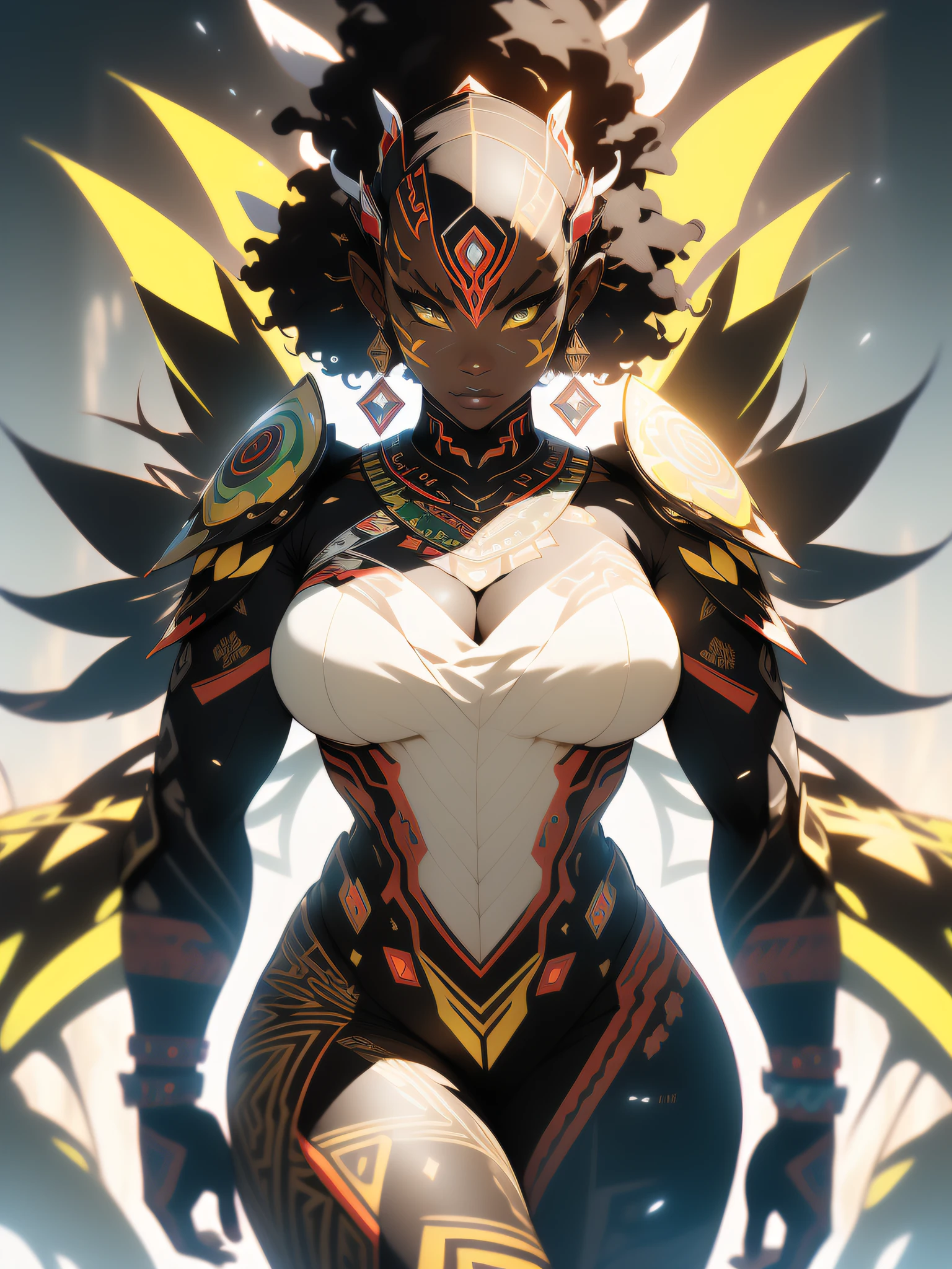 ((Best quality)), ((masterpiece)), (detailed: 1.4), (Absurd), angry African princess, ((action pose)), (((black tribal woman wearing African tribal clothing and animal skins from the savannahs)))), (((back))), ready for war, dark skinned, black woman from southeast Africa, sculptural body with defined and lean muscles, closed mouth, muscular body covered by a Hoyoverse-style technological outfit, Honkai Impact, Geishin Impast, almost naked, holding a tribal shield, ((medium breasts)), (eyes with heavy and very black makeup without pupils), ((green, yellow and red clothing)), (((short afro hair, almost bald)), (tribal designs on the arms), ((((tribal))), very long eyelashes, heavy eye makeup, lots of jewelry, by mucha, niji --V5, close to the real, psychopathic, crazy face, sexy pose, african savanna landscape background, 2 piece clothing, feather shoulder pads, pastel, centered, scale to fit dimensions, HDR (High Dynamic Range),Ray Tracing,NVIDIA RTX,Super-Resolution,Unreal 5,Subsurface dispersion, PBR texture, Post-processing, Anisotropic filtering, Depth of field, Maximum clarity and sharpness, Multilayer textures, Albedo and specular maps, Surface shading, Accurate simulation of light-material interaction, Perfect Proportions, Octane Render, Two-Tone Lighting, Wide Aperture, Low ISO, White Balance, Rule of Thirds, 8K RAW, Crysisnanosuit