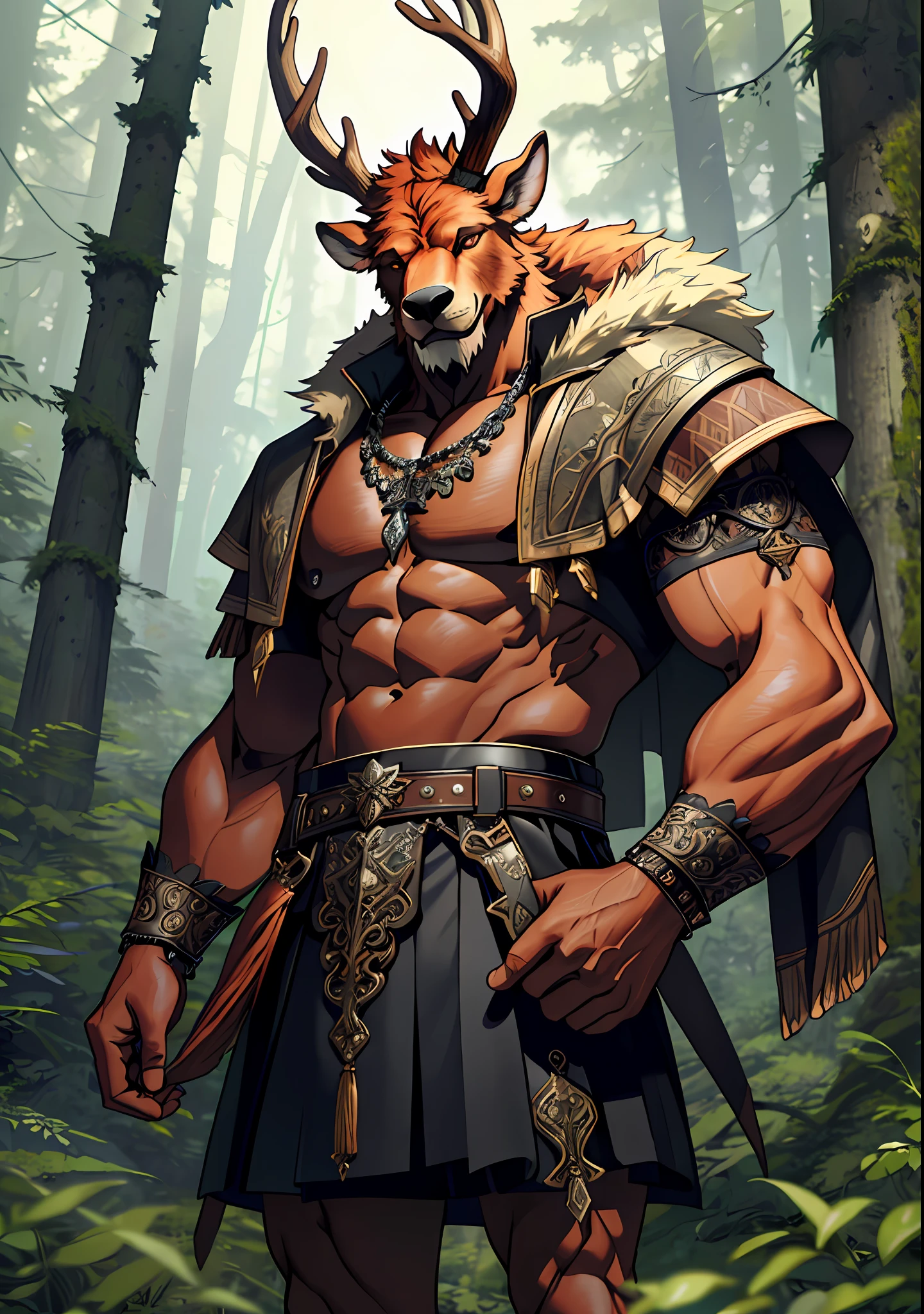 ((raw photo)), ((masterpiece)), anthropomorphic humanoid DemonFurry wearing Roman leather skirt, intricate detail, intricate Greebles pieces, forest behind, elk horns, slim body