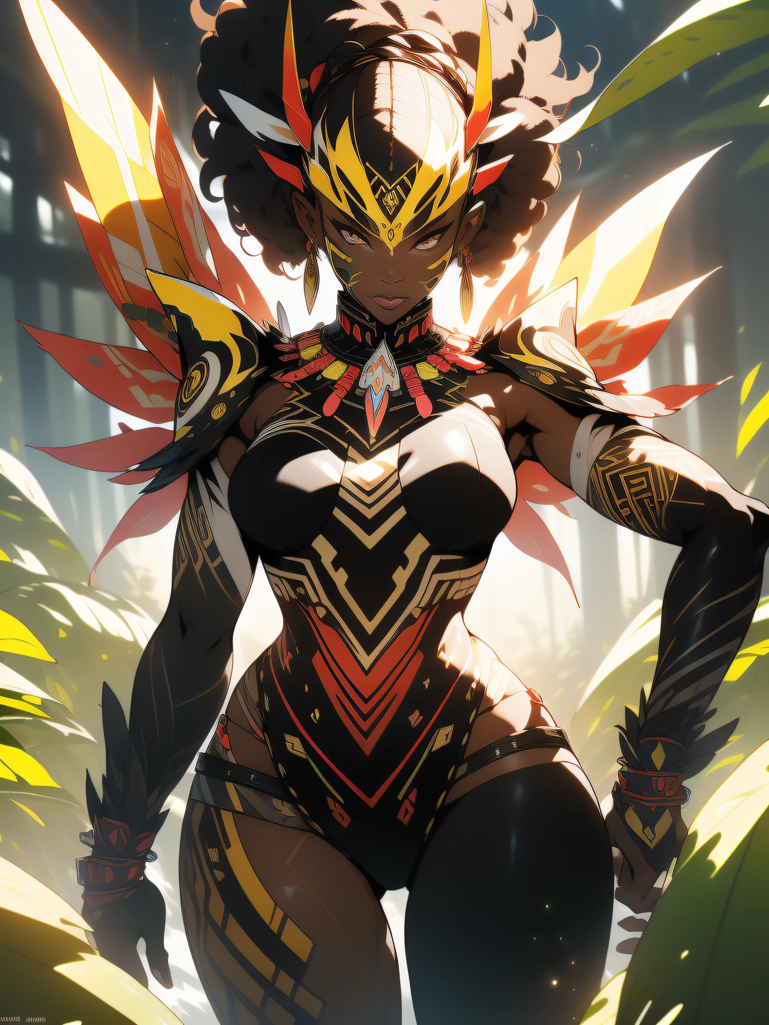 ((Best quality)), ((masterpiece)), (detailed: 1.4), (Absurd), angry African princess, ((action pose)), (((black tribal woman wearing African tribal clothing and animal skins from the savannahs)))), (((back))), ready for war, dark skinned, black woman from southeast Africa, sculptural body with defined and lean muscles, closed mouth, muscular body covered by a Hoyoverse-style technological outfit,  Honkai Impact, Geishin Impast, almost naked, holding a tribal shield, ((medium breasts)), (eyes with heavy and very black makeup without pupils), ((green, yellow and red clothing)), (((short afro hair, almost bald)), (tribal designs on the arms), ((((tribal))), very long eyelashes, heavy eye makeup, lots of jewelry, by mucha, niji --V5, close to the real, psychopathic, crazy face,  sexy pose, african savanna landscape background, 2 piece clothing, feather shoulder pads, pastel, centered, scale to fit dimensions, HDR (High Dynamic Range),Ray Tracing,NVIDIA RTX,Super-Resolution,Unreal 5,Subsurface dispersion, PBR texture, Post-processing, Anisotropic filtering, Depth of field, Maximum clarity and sharpness, Multilayer textures, Albedo and specular maps, Surface shading, Accurate simulation of light-material interaction,  Perfect Proportions, Octane Render, Two-Tone Lighting, Wide Aperture, Low ISO, White Balance, Rule of Thirds, 8K RAW, Crysisnanosuit