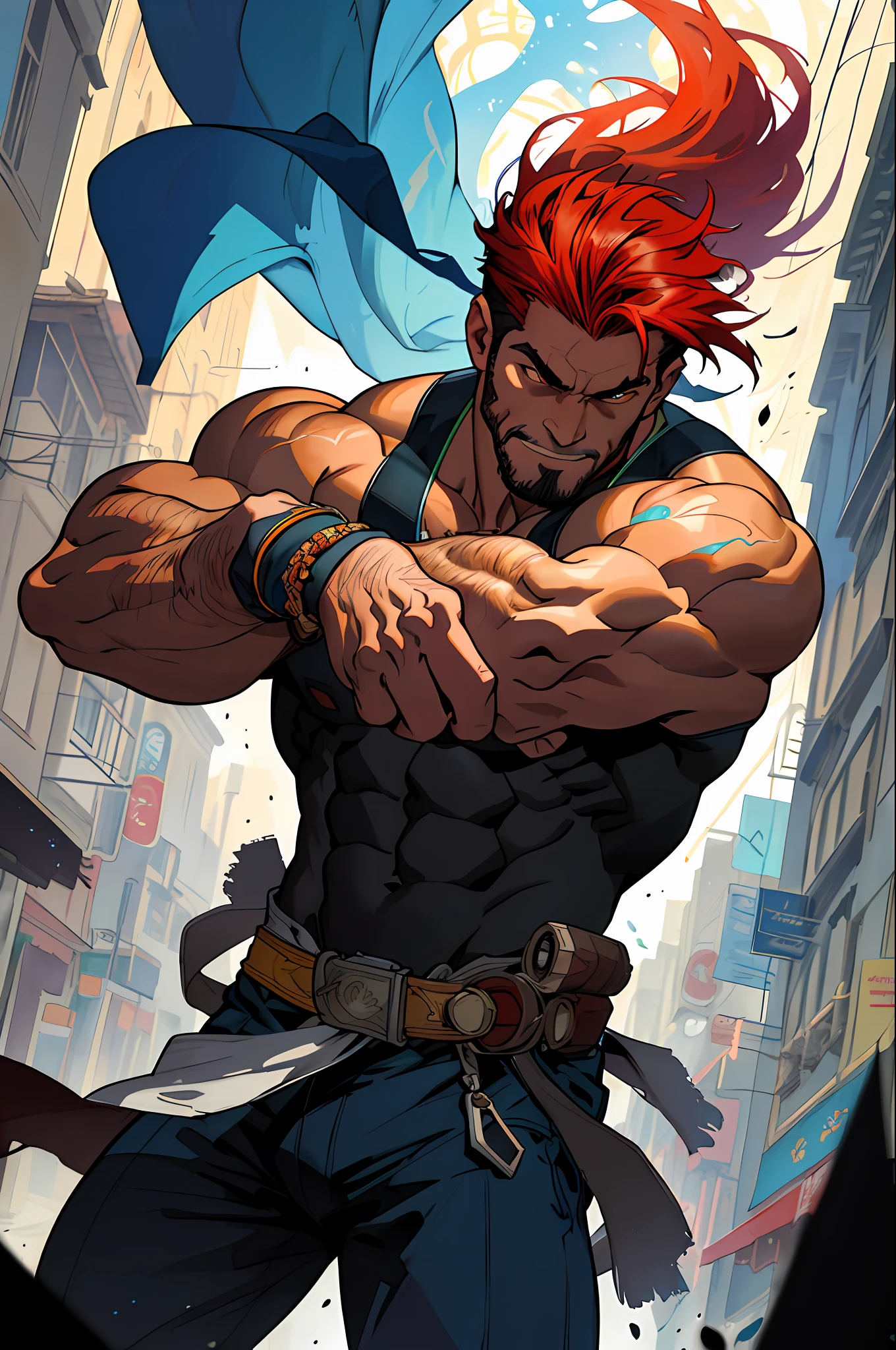 1 man, masterpiece, best quality, twilight, cityscape, muscular man, aged, hairy body, depth of field, messy,, with both fists in fighting position, and bracelets, fighting an enemy, with long black hair, stained glass colored, outside, vibrant, alphonse mucha style, fantastic paintings by joe madureira, high quality, art, red hair, freedom, soul, digital illustration, comic style, perfect anatomy, centered, approaching perfection, dynamic, highly detailed, watercolor painting, artstation, conceptual art,