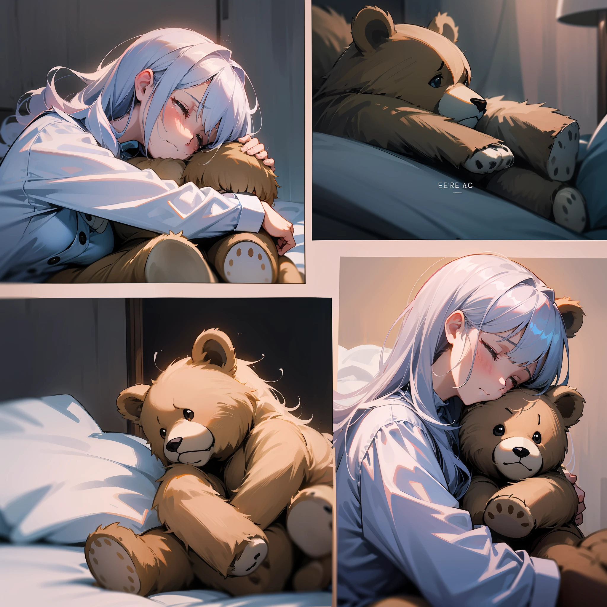 “Comfort in Times of Need”: Create a series of illustrations or panels that depict a woman finding comfort in her teddy bear during different emotional situations. You could show the woman hugging her bear tightly while crying, feeling scared, or experiencing anxiety. You could also show the woman holding the bear as she falls asleep, feeling content and safe. Play with different angles, poses, and lighting to convey the emotions in each scene. Consider adding text or speech bubbles to provide context or dialogue for each panel. You could also experiment with color schemes and textures to create a cozy and comforting atmosphere.