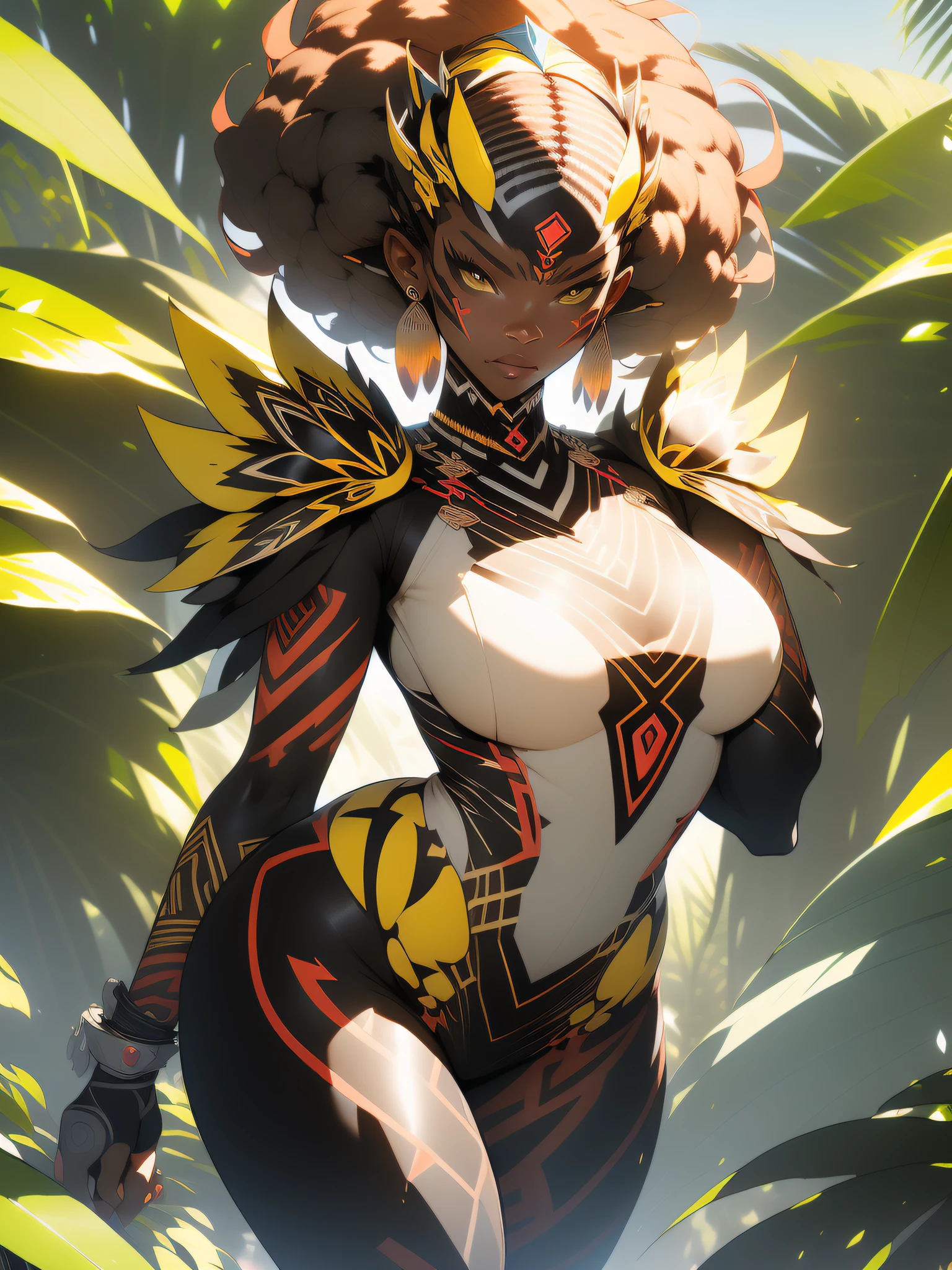 ((Best quality)), ((masterpiece)), (detailed: 1.4), (Absurd), angry African princess, ((action pose)), (((black tribal woman wearing African tribal clothing and animal skins from the savannahs)))), (((back))), ready for war, dark skin, black woman from southeast Africa, slim body with defined and lean muscles, thighs out, mouth closed, breasts out, technological clothing Hoyoverse style, Honkai Impact, Geishin Impast, almost naked, holding a tribal shield, ((medium breasts)), (eyes with heavy and very black makeup without pupils), ((green, yellow and red clothing)), (((short afro hair, almost bald)), (tribal designs on the arms), ((((tribal))), very long eyelashes, heavy eye makeup, lots of jewelry, by mucha, niji --V5, close to the real, psychopathic, crazy face, sexy pose, african savanna landscape background, 2 piece clothing, feather shoulder pads, pastel, centered, scale to fit dimensions, HDR (High Dynamic Range),Ray Tracing,NVIDIA RTX,Super-Resolution,Unreal 5,Subsurface dispersion, PBR texture, Post-processing, Anisotropic filtering, Depth of field, Maximum clarity and sharpness, Multilayer textures, Albedo and specular maps, Surface shading, Accurate simulation of light-material interaction, Perfect Proportions, Octane Render, Two-Tone Lighting, Wide Aperture, Low ISO, White Balance, Rule of Thirds, 8K RAW, Crysisnanosuit