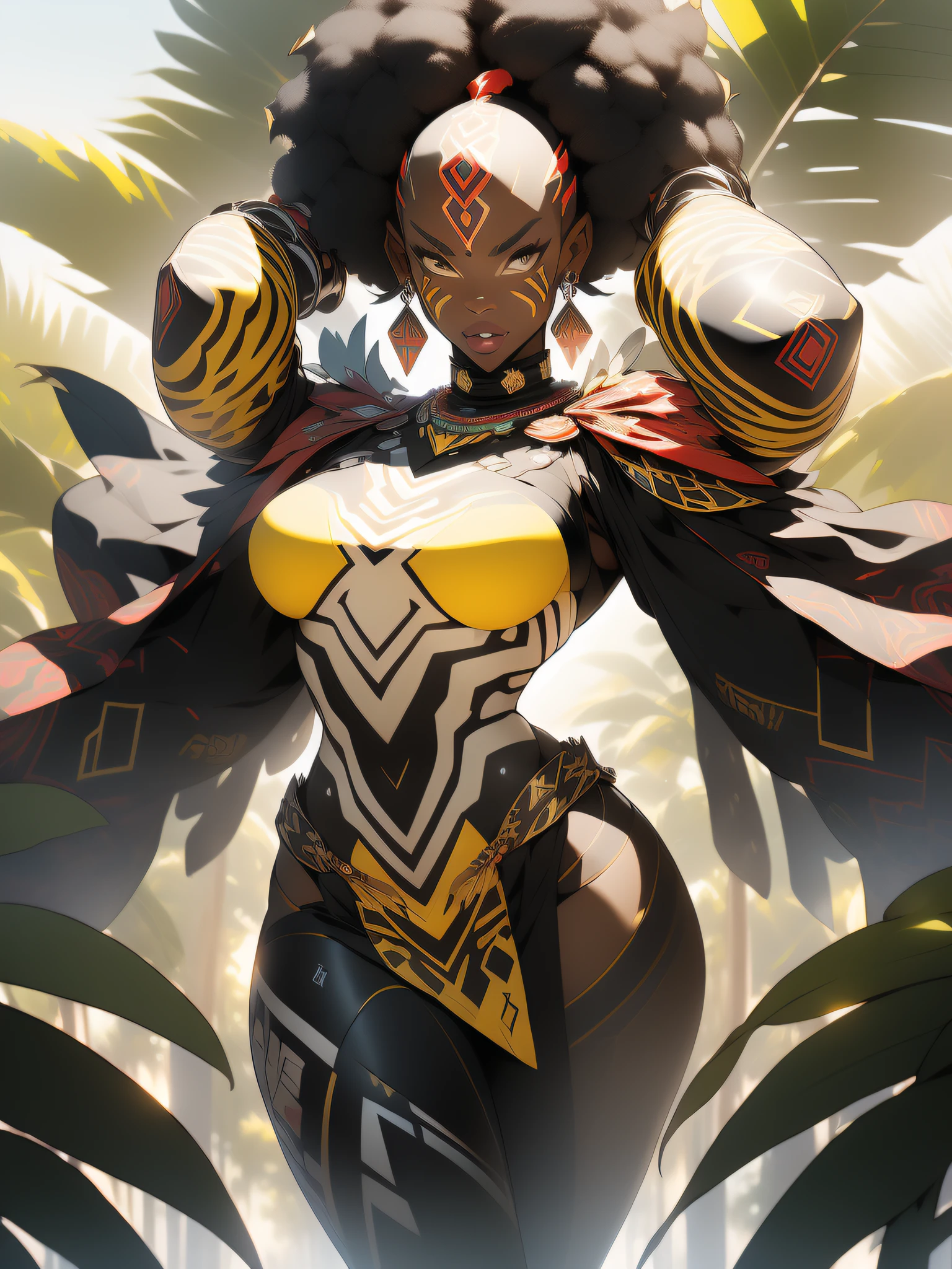 ((Best quality)), ((masterpiece)), (detailed: 1.4), (Absurd), angry African princess, ((action pose)), (((black tribal woman wearing African tribal clothing and animal skins from the savannahs)))), (((back))), ready for war, dark skin, black woman from southeast Africa, slim body with defined and lean muscles, thighs out, mouth closed, breasts out, technological clothing Hoyoverse style, Honkai Impact, Geishin Impast, almost naked, holding a tribal shield, ((medium breasts)), (eyes with heavy and very black makeup without pupils), ((green, yellow and red clothing)), (((short afro hair, almost bald)), (tribal designs on the arms), ((((tribal))), very long eyelashes, heavy eye makeup, lots of jewelry, by mucha, niji --V5, close to the real, psychopathic, crazy face, sexy pose, african savanna landscape background, 2 piece clothing, feather shoulder pads, pastel, centered, scale to fit dimensions, HDR (High Dynamic Range),Ray Tracing,NVIDIA RTX,Super-Resolution,Unreal 5,Subsurface dispersion, PBR texture, Post-processing, Anisotropic filtering, Depth of field, Maximum clarity and sharpness, Multilayer textures, Albedo and specular maps, Surface shading, Accurate simulation of light-material interaction, Perfect Proportions, Octane Render, Two-Tone Lighting, Wide Aperture, Low ISO, White Balance, Rule of Thirds, 8K RAW, Crysisnanosuit