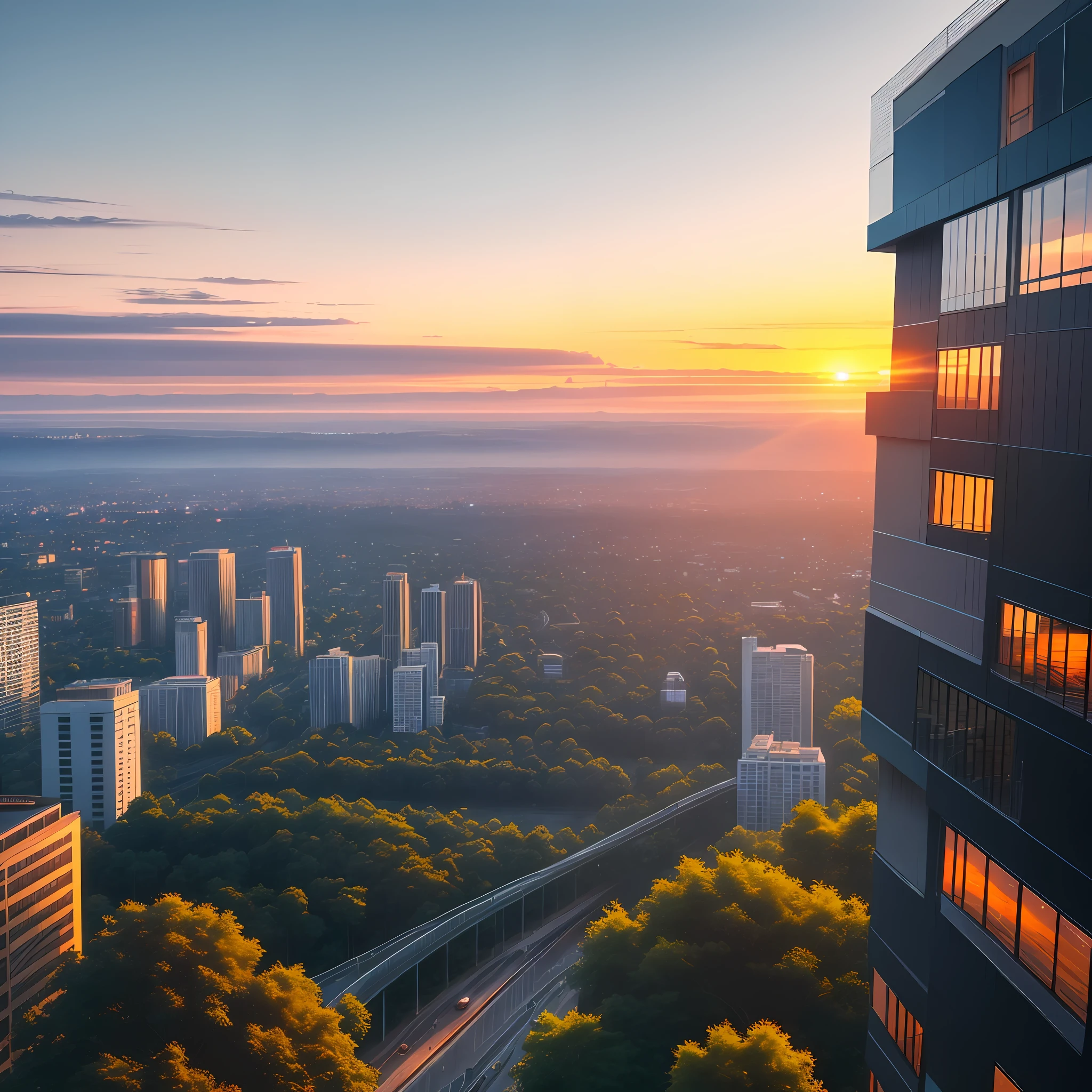 Landscape, modern city, sunset, forest, naves