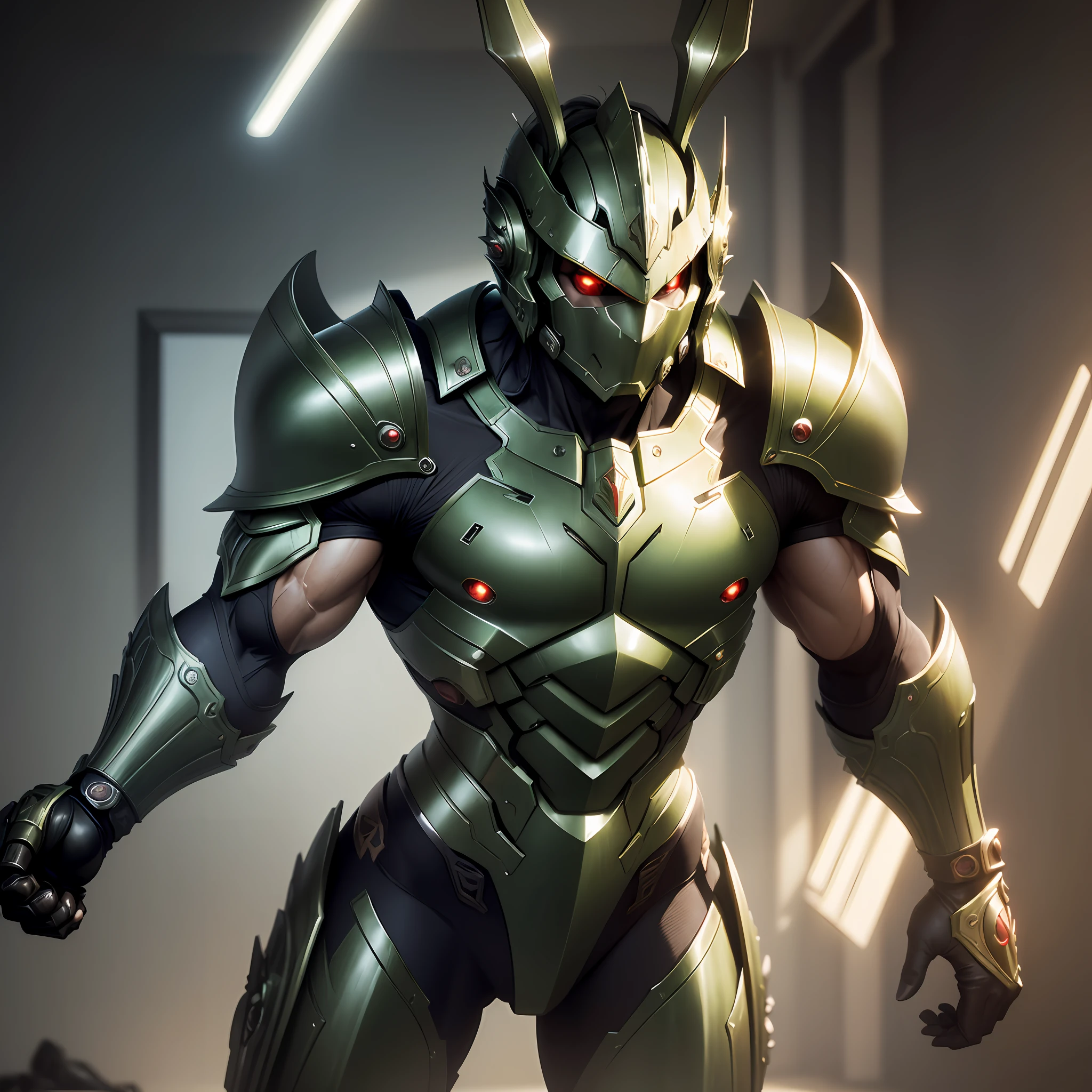 (masterpiece, superior quality, extremely detailed CG, warrior rabbit, futuristic green metal armor, sculpted muscles, red eyes, aggressive posture)
