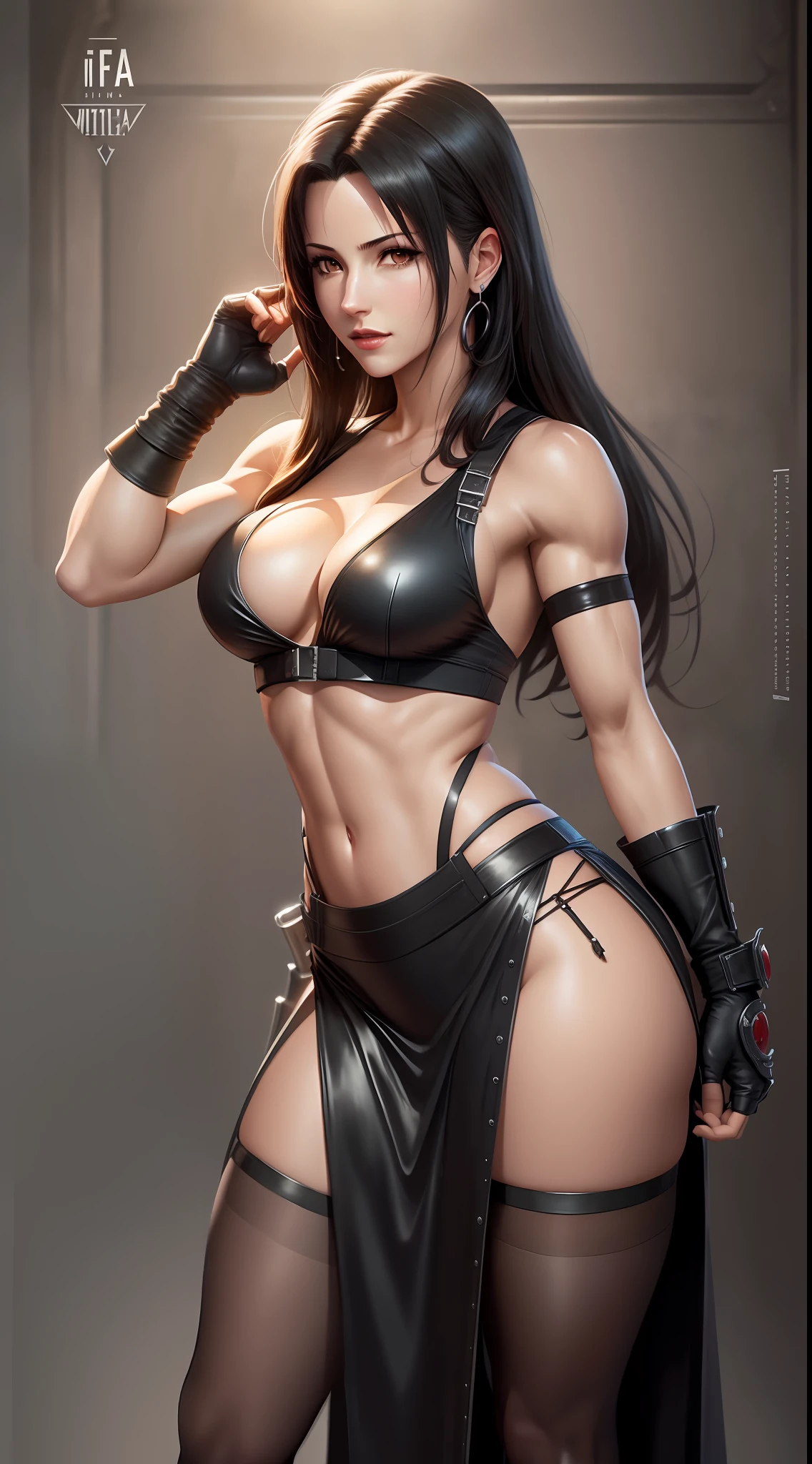 Tifa Lockhart Final Fantasy VII, photorealistic, abdomen muscle, full body, attractive face, long black gala dress
