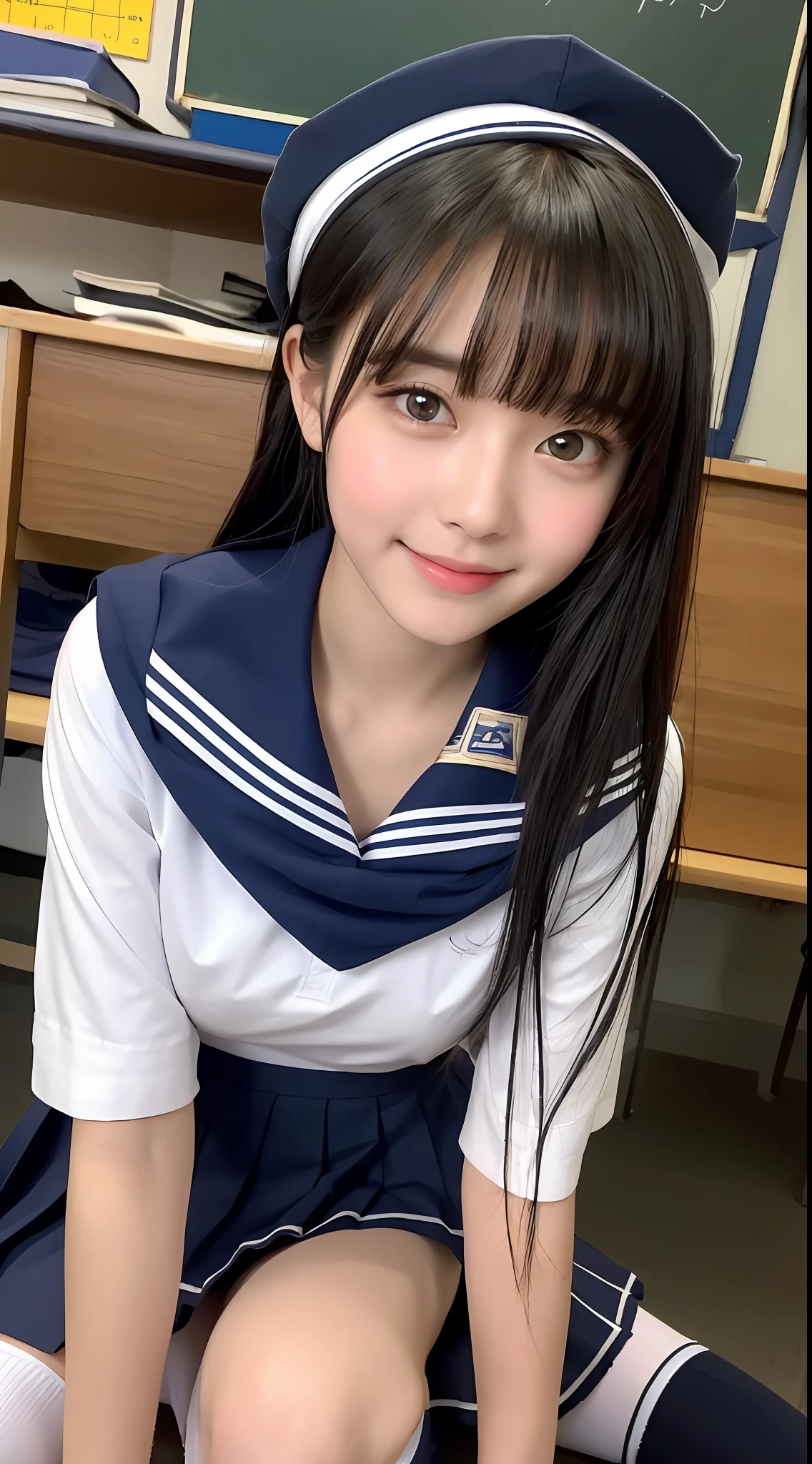 (Best quality, 8k, masterpiece: 1.3), a Pretty Girl with perfect figure:1.4, (high-school student, teens), (summer school uniform, sailor uniform, navy blue, pleated skirt, mini skirt, red scarf, school knee-high socks), (black hair small breasts), (blunt bangs:1.2), (high school, classroom), highly detailed face and skin, detailed eyes, double eyelids, smile