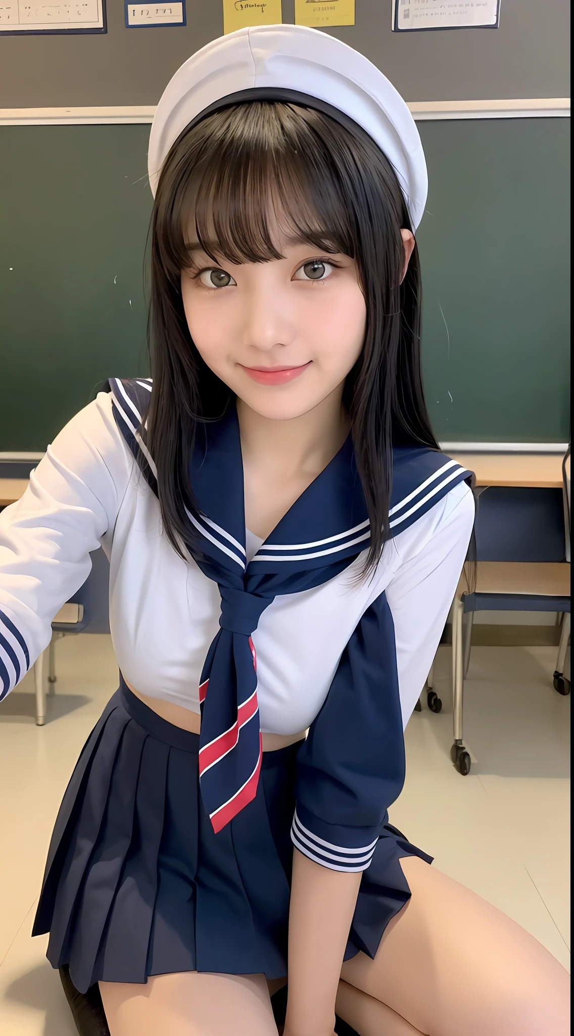 (Best quality, 8k, masterpiece: 1.3), a Pretty Girl with perfect figure:1.4, (high-school student, s), (summer school uniform, sailor uniform, navy blue, pleated skirt, mini skirt, red scarf, school knee-high socks), (black hair small breasts), (blunt bangs:1.2), (high school, classroom), highly detailed face and skin, detailed eyes, double eyelids, smile
