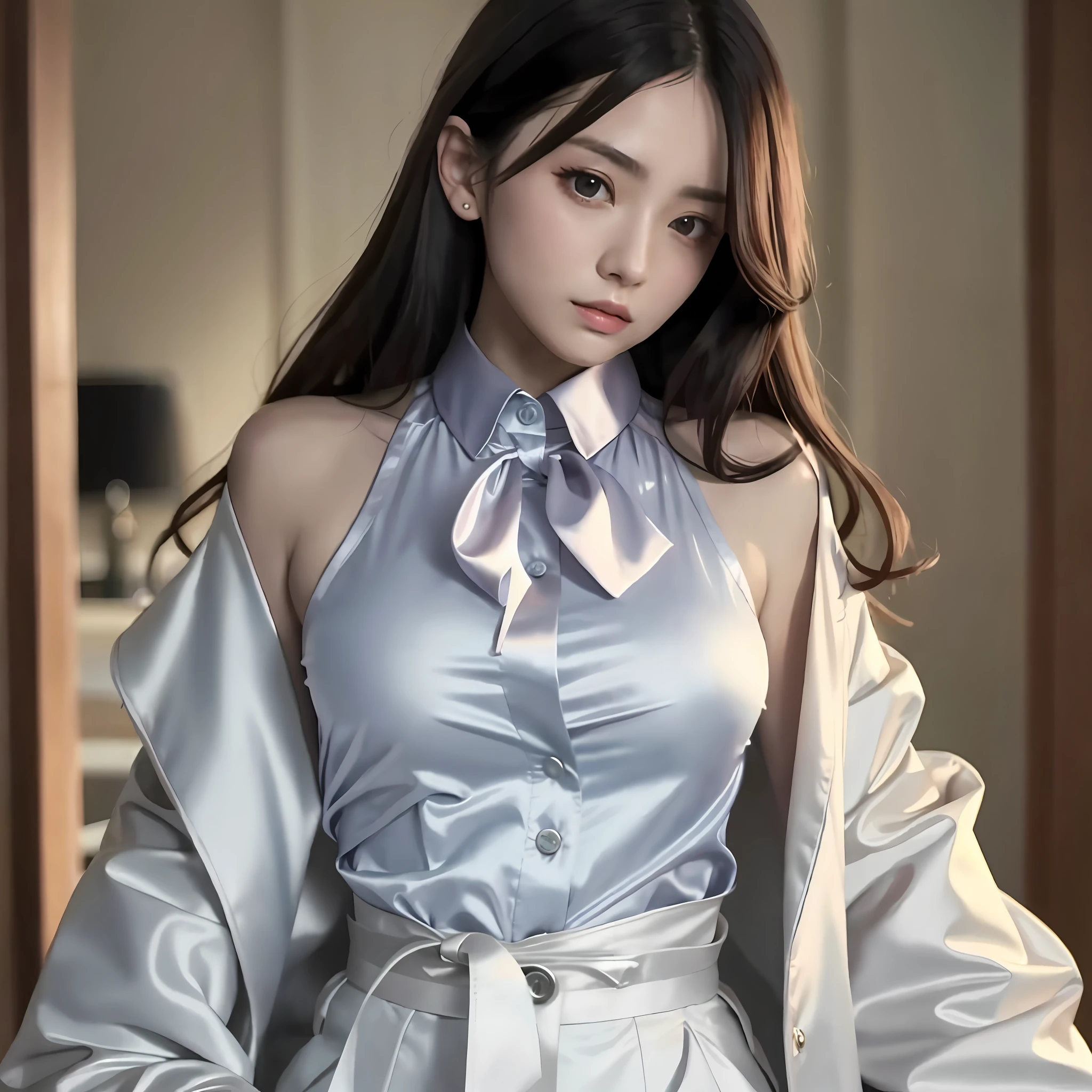 Wear a satin blouse, also wear a satent wrench coat on top, the material of the blouse and trench coat is satin, strong glossy, soft and smooth and smooth to the touch, the buttons on the front of the blouse are fastened, no bra is on, the blouse is fit the body, the chest is C cup, the Japan fashion model, wear a shirt, wear a coat