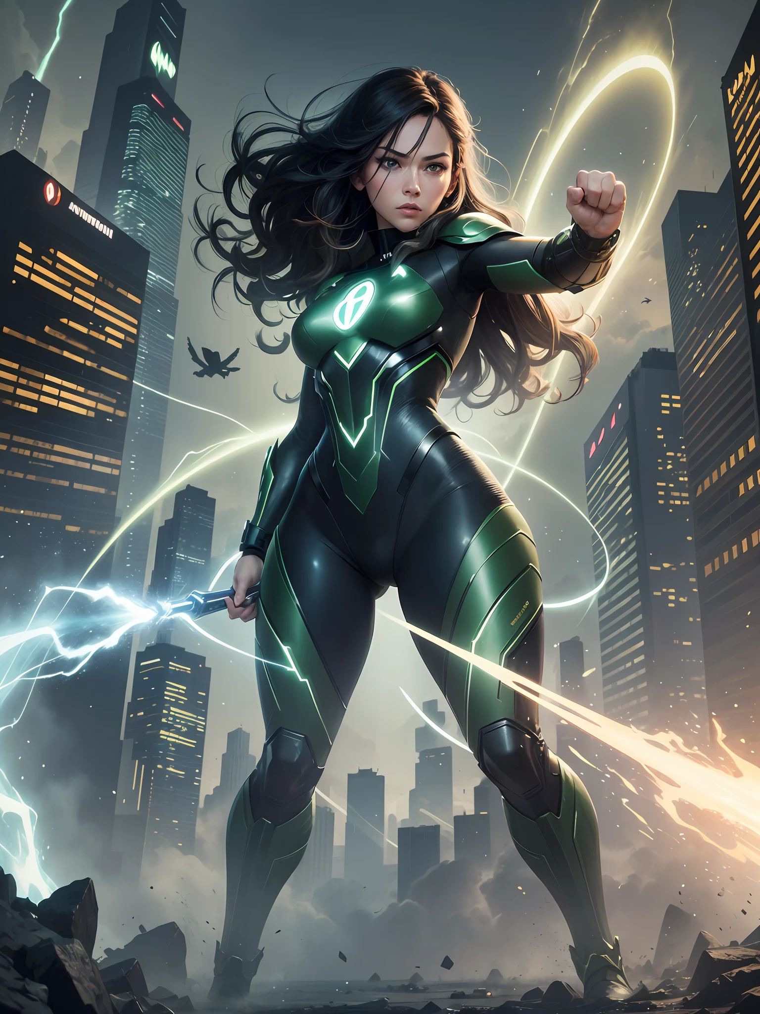 Digital in Painting Samantha, hyper realistic and ultra detailed woman, 25 year old woman, frontal vision, average height, star trek, [full body], character focus, pixar style, highly detailed, dynamic body postures, photography, full shot, disney, character design, game features, a superhero dressed in green, who extracts his powers from a ring on his finger,  in a digital illustration inspired by Jim Lee. The hero is in a combat pose, with one clenched fist raised and the other holding his ring. The background is formed by tall, illuminated buildings, suggesting a bustling city at night. The illustration is predominantly green and black, with bright yellow highlights for the ring. The hero's facial expression is serious and determined, with his eyes fixed on the enemy --auto --s2