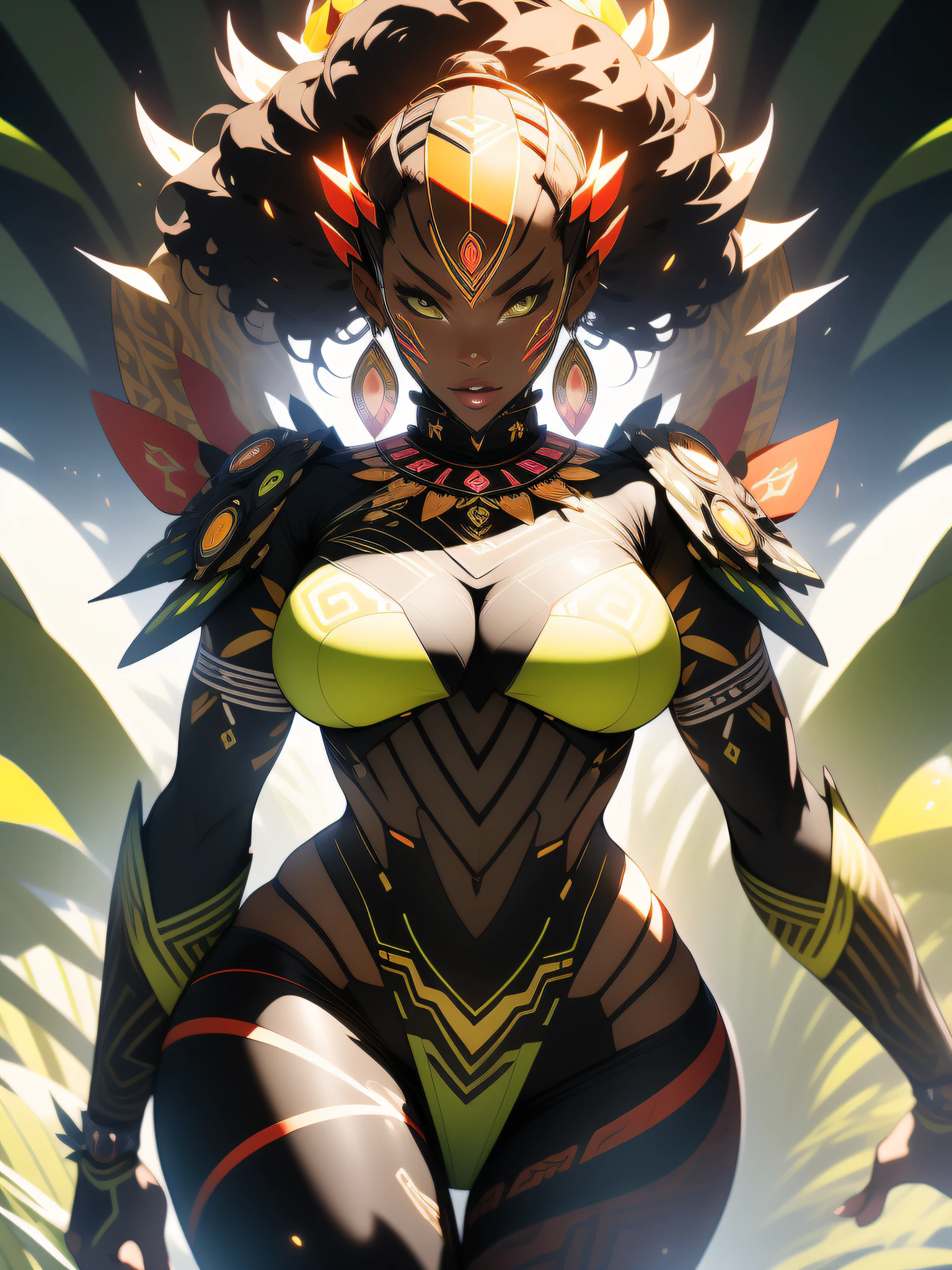 ((Best quality)), ((masterpiece)), (detailed: 1.4), (Absurd), angry African princess, ((action pose)), (((black tribal woman wearing African tribal clothing and animal skins from the savannahs)))), (((thin waist and narrow hips))), ready for war, dark skinned, black woman from southeast Africa, slim body with defined and lean muscles, thighs out, mouth closed, breasts out,  technological clothing style Hoyoverse, Honkai Impact, Geishin Impast, almost naked, holding a tribal shield, ((medium breasts)), (eyes with heavy makeup and very black without pupils), ((green, yellow and red clothing)), (((short afro hair, almost bald)), (tribal designs on the arms), (((tribal))), very long eyelashes, heavy eye makeup, lots of jewelry made with animal teeth, by mucha,  niji --V5, close to real, psychopathic, crazy face, sexy pose, african savannah landscape background, 2 piece clothing, feather shoulder pads, pastel, centered, scale to fit dimensions, HDR (High Dynamic Range),Ray Tracing,NVIDIA RTX,Super-Resolution,Unreal 5,Subsurface dispersion, PBR texture, Post-processing, Anisotropic filtering, Depth of field, Maximum clarity and sharpness, Multilayer textures,  Albedo and specular maps, Surface shading, Accurate simulation of light-material interaction, Perfect proportions, Octane Render, Two-tone lighting, Wide aperture, Low ISO, White balance, Rule of thirds, 8K RAW, crysisnanosuit