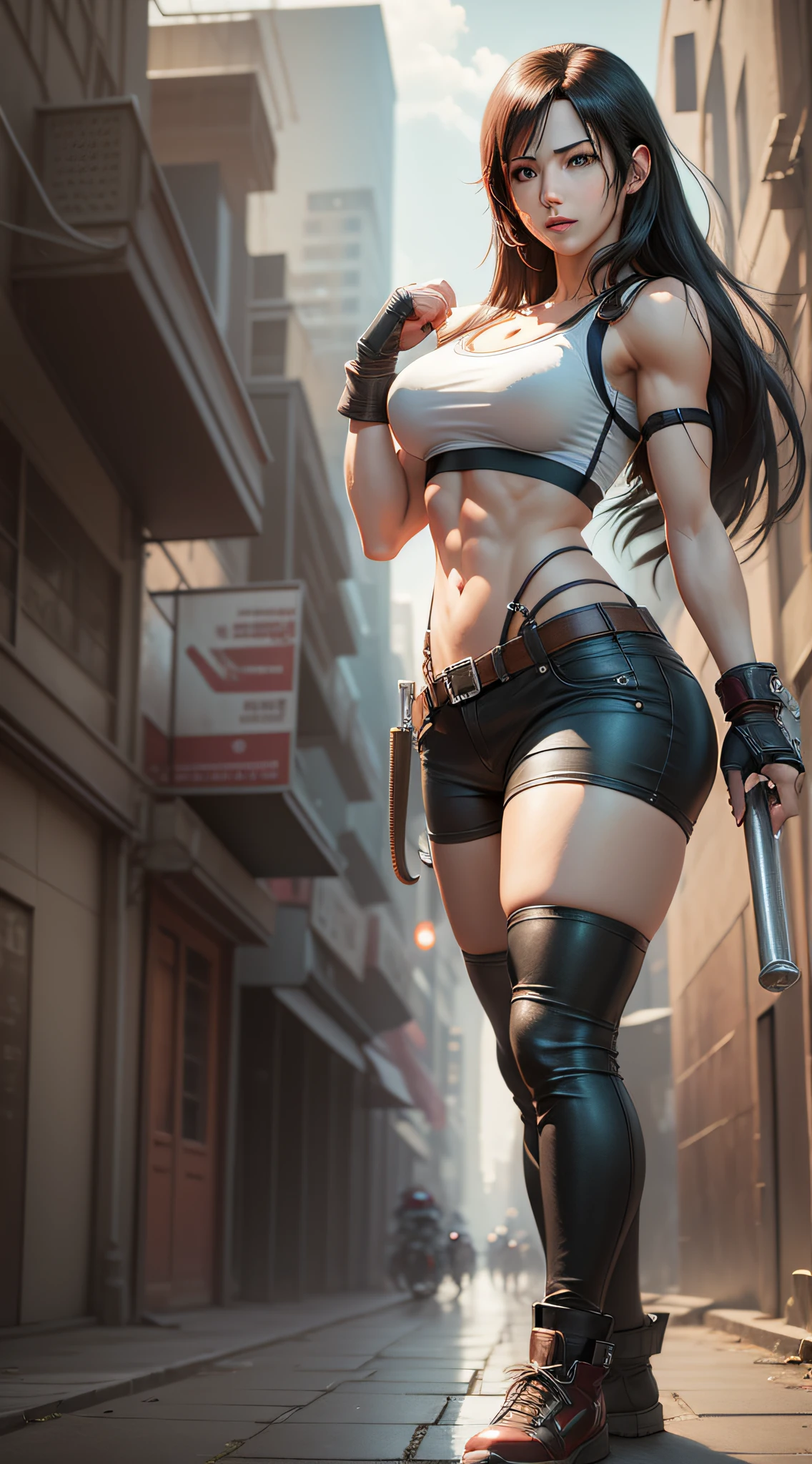Tifa Lockhart Final Fantasy VII, photorealistic, abdominal muscle, full body, attractive face, striking pose opening t-shirt