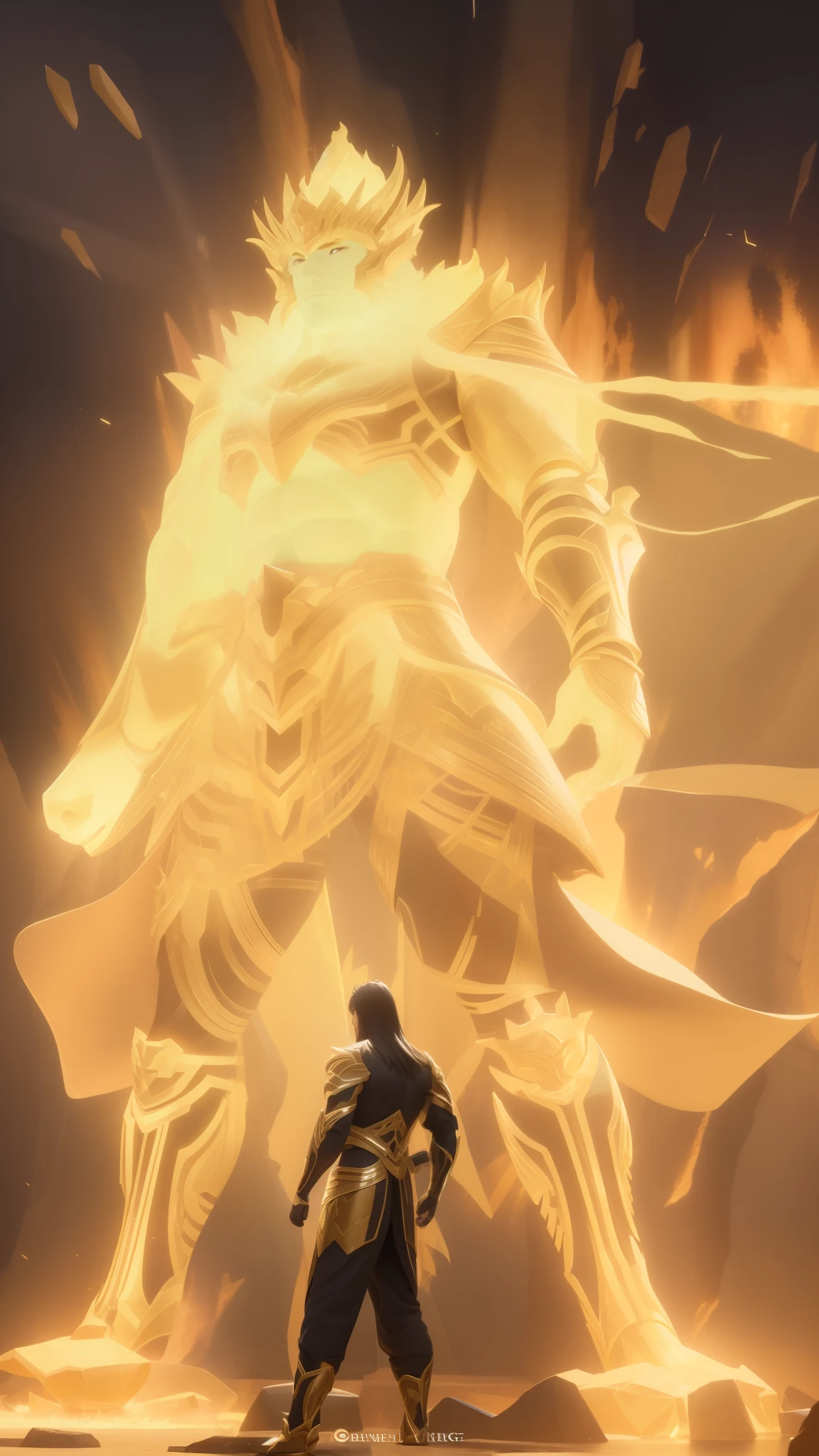 Close-up of the man standing in front of the fire, Unreal Engine renders Saint Seiya, Shadowbringer movie, Eldon Ring Boss, King of Cinders, Gadot as Hell Lord, Unreal Engine 5 4K UHD image, Fire Summon Armor, Elden Ring movie lighting, Unreal Engine 5 rendering dramatic, Hanbok, exquisite armor,