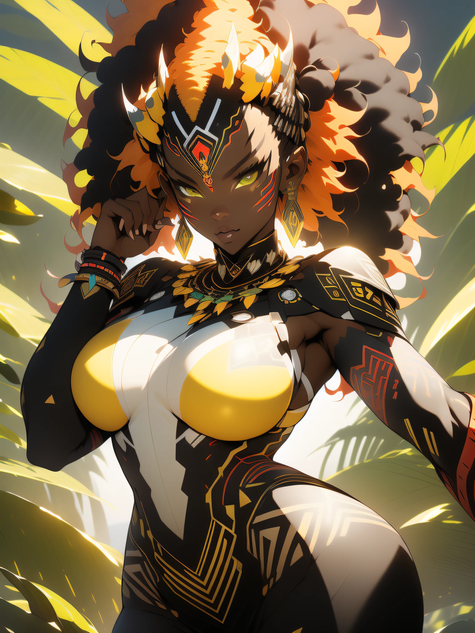 ((Best quality)), ((masterpiece)), (detailed: 1.4), (Absurd), angry African princess, ((action pose)), (((black tribal woman wearing African tribal clothing and animal skins from the savannahs)))), (((thin waist and narrow hips))), ready for war, dark skinned, black woman from southeast Africa, slender and defined body and very thin, thighs out, mouth closed, breasts out,  technological clothing style Hoyoverse, Honkai Impact, Geishin Impast, almost naked, holding a tribal shield, ((medium breasts)), (eyes with heavy makeup and very black without pupils), ((green, yellow and red clothing)), ((((golden afro hair)), (tribal designs on the arms), (((tribal))), very long eyelashes, heavy eye makeup, lots of jewelry made with animal teeth, by mucha, niji --V5,  near real, psychopathic, crazy face, sexy pose, african savannah landscape background, 2 piece clothing, feather shoulder pads, pastel, centered, climb to fit dimensions, HDR (High Dynamic Range),Ray Tracing,NVIDIA RTX,Super-Resolution,Unreal 5,Subsurface dispersion, PBR texture, Post-processing, Anisotropic filtering, Depth of field, Maximum clarity and sharpness, Multilayer textures, Albedo and specular maps,  Surface Shading, Accurate Simulation of Light-Material Interaction, Perfect Proportions, Octane Render, Two-Tone Lighting, Wide Aperture, Low ISO, White Balance, Rule of Thirds, 8K RAW, Crysisnanosuit