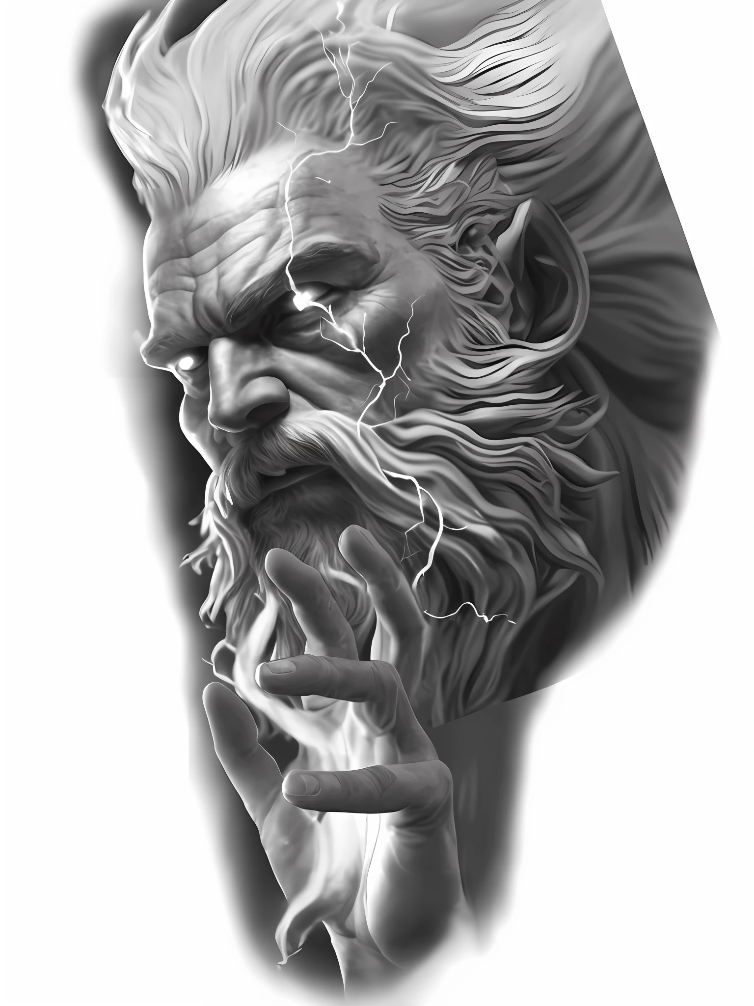a black and white photo of a statue of a man with a beard, hyperdetailed fantasy character, high detail iconic character, portrait zeus, greybeard, father time, realism tattoo sketch, furious god zeus, airbrush render, extremely detailed man, greek myth digital painting, 3 d design for tattoo, realism tattoo design, painted portrait of rugged zeus