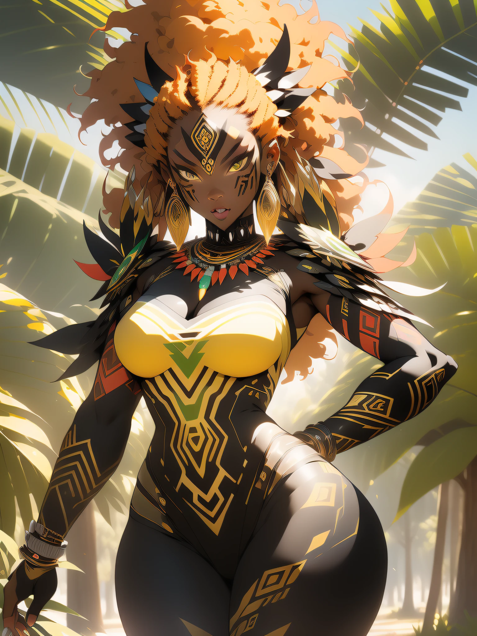 ((Best quality)), ((masterpiece)), (detailed: 1.4), (Absurd), angry African princess, ((action pose)), (((black tribal woman wearing African tribal clothing and animal skins from the savannahs)))), (((thin waist and narrow hips))), ready for war, dark skinned, black woman from southeast Africa, slender and defined body and very thin, thighs out, mouth closed, breasts out, technological clothing style Hoyoverse, Honkai Impact, Geishin Impast, almost naked, holding a tribal shield, ((medium breasts)), (eyes with heavy makeup and very black without pupils), ((green, yellow and red clothing)), ((((golden afro hair)), (tribal designs on the arms), (((tribal))), very long eyelashes, heavy eye makeup, lots of jewelry made with animal teeth, by mucha, niji --V5, near real, psychopathic, crazy face, sexy pose, african savannah landscape background, 2 piece clothing, feather shoulder pads, pastel, centered, climb to fit dimensions, HDR (High Dynamic Range),Ray Tracing,NVIDIA RTX,Super-Resolution,Unreal 5,Subsurface dispersion, PBR texture, Post-processing, Anisotropic filtering, Depth of field, Maximum clarity and sharpness, Multilayer textures, Albedo and specular maps, Surface Shading, Accurate Simulation of Light-Material Interaction, Perfect Proportions, Octane Render, Two-Tone Lighting, Wide Aperture, Low ISO, White Balance, Rule of Thirds, 8K RAW, Crysisnanosuit
