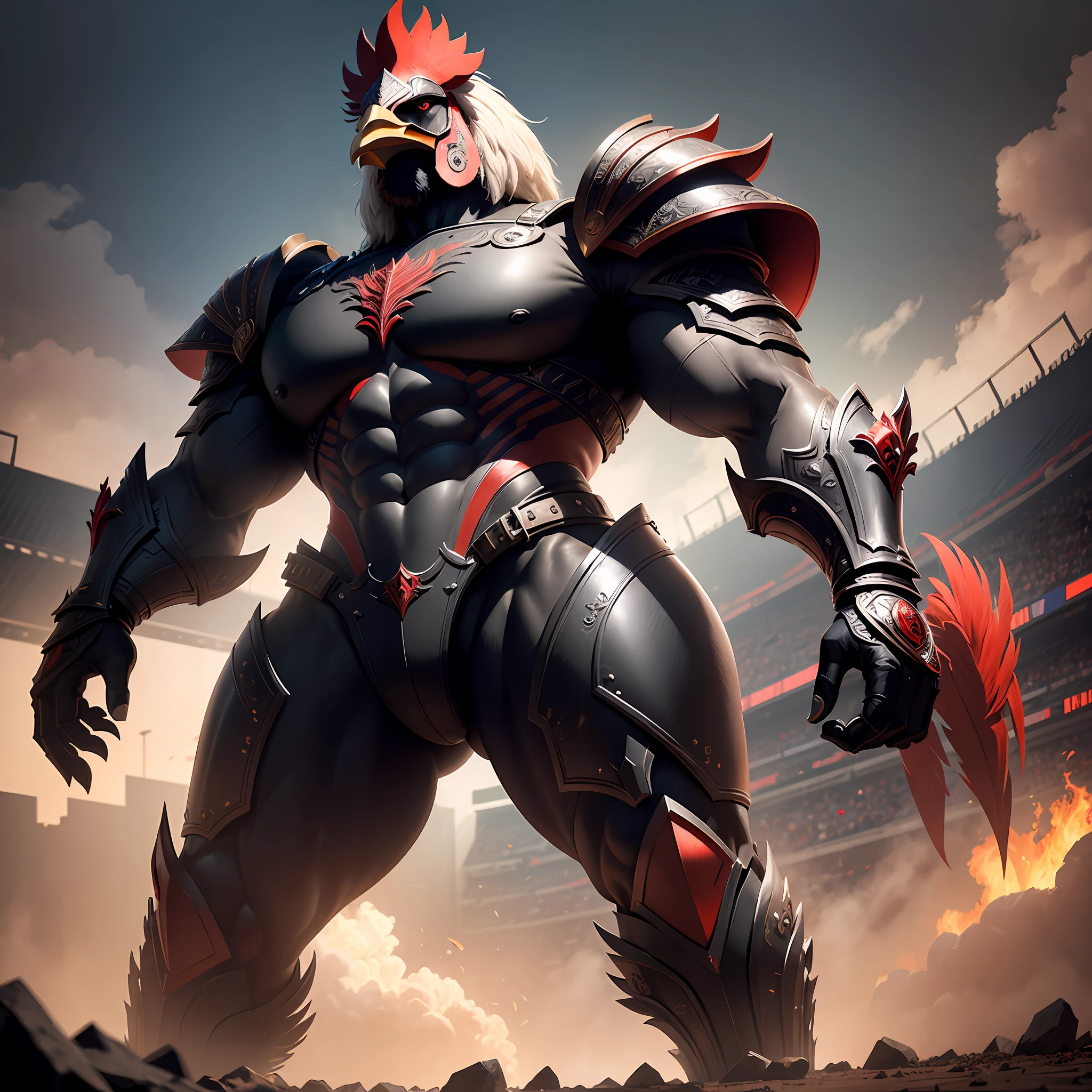 "A stylized rooster in futuristic warrior armor in black metal, richly detailed, with an emphasis on the muscular forms on display. He stands in a majestic pose in the center of a football stadium setting, while his eyes have been dyed ruby red."