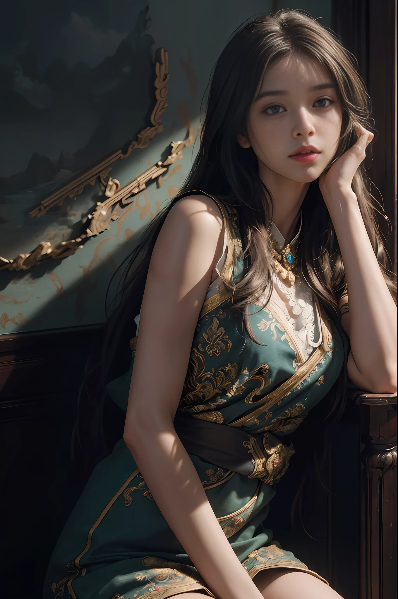 (RAW photo, best quality), (realistic, photo-realistic:1.3),best quality,highly detailed,masterpiece,ultra-detailed,illustration,1girl,upper_body,dynamic angle,world masterpiece theater,messy_long_hair,best quality,extremely detailed CG unity 8k wallpaper,ink,Amazing,cinematic lighting,lens_flare, dunhuang_style