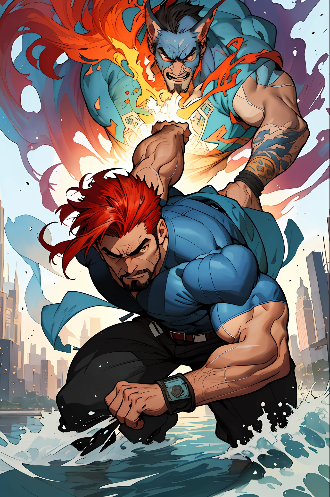 1 man, masterpiece, best quality, twilight, cityscape, muscular man, aged, hairy body, depth of field, messy,, with both fists in fighting position, and bracelets, fighting an enemy, with long black hair, stained glass colored, outside, vibrant, alphonse mucha style, fantastic paintings by joe madureira, high quality, art, red hair, freedom, soul, digital illustration, comic style, perfect anatomy, centered, approaching perfection, dynamic, highly detailed, watercolor painting, artstation, conceptual art,