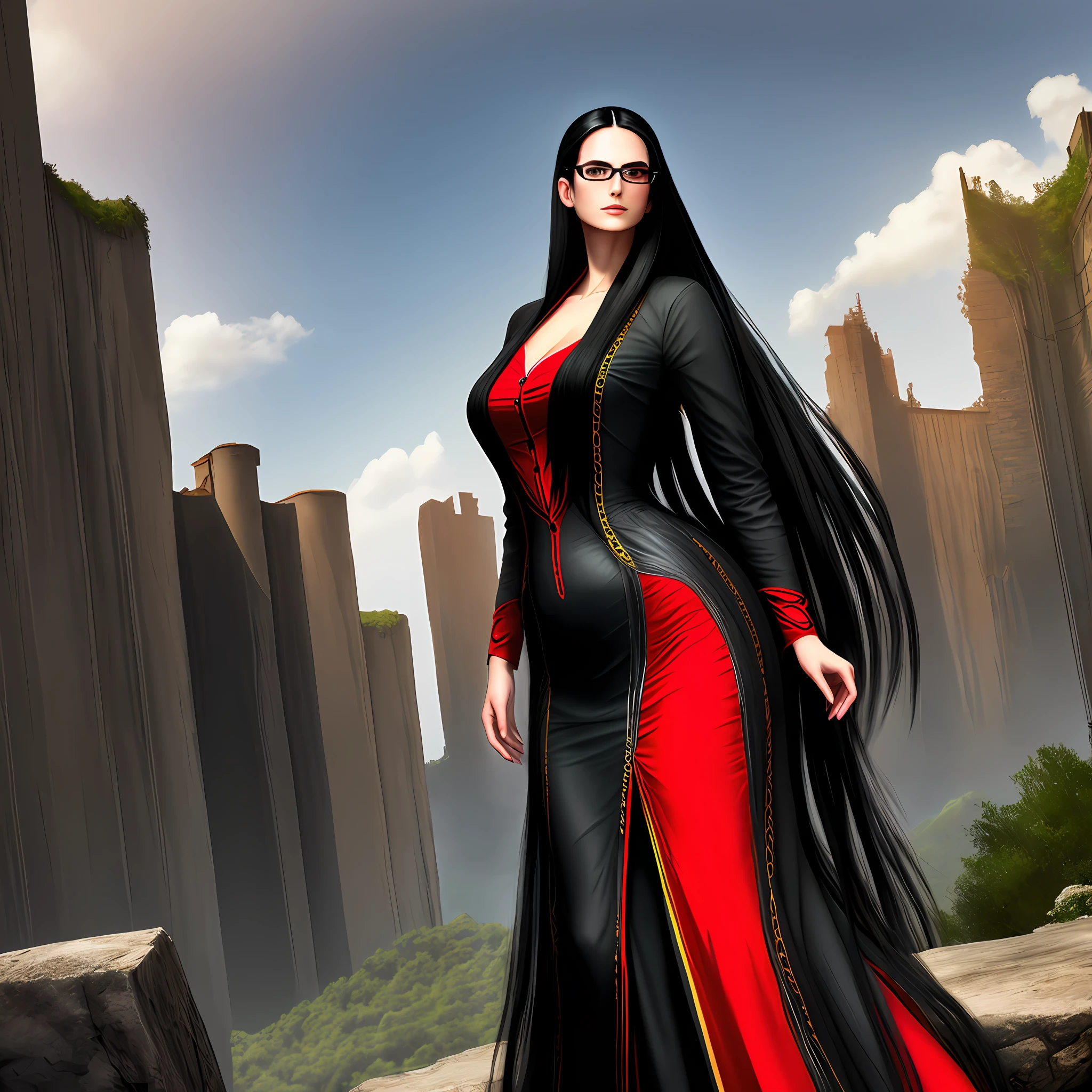 Tall beautiful woman with long black hair with glasses scenery ruins black and red clothes