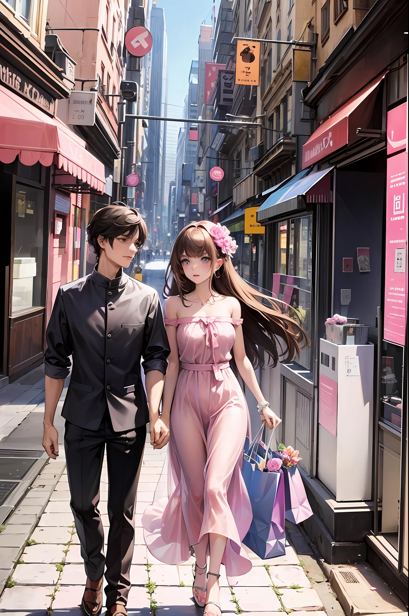 Walking on city streets, a man and a woman, bandeau dress, wearing long gorgeous clothes, wearing pink flower long dress, cute couple, shopping, in the city --auto --s2