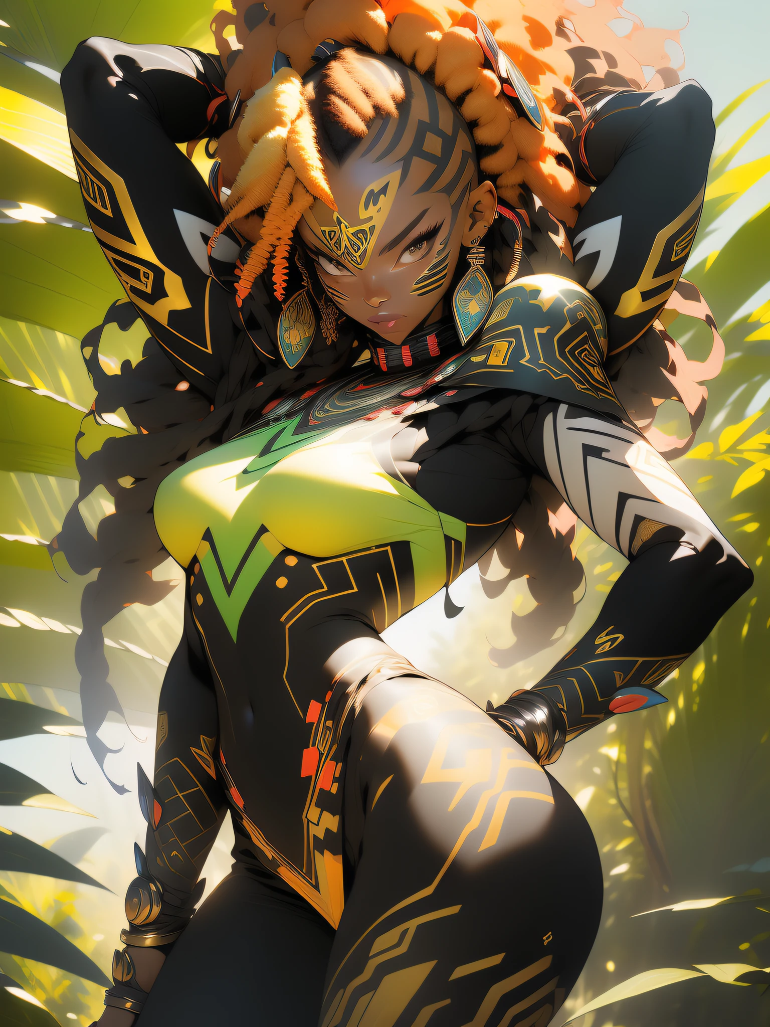 ((Best quality)), ((masterpiece)), (detailed: 1.4), (Absurd), angry African princess, ((action pose)), (((black tribal woman wearing African tribal clothing and animal skins from the savannahs)))), (((thin waist and narrow hips))), ready for war, dark skinned, black woman from southeast Africa, slender and defined body and very thin, thighs out, mouth closed, breasts out, technological clothing style Hoyoverse, Honkai Impact, Geishin Impast, almost naked, holding a tribal shield, ((medium breasts)), (eyes with heavy makeup and very black without pupils), ((green, yellow and red clothing)), ((((golden afro hair)), (tribal designs on the arms), (((tribal))), very long eyelashes, heavy eye makeup, lots of jewelry made with animal teeth, by mucha, niji --V5, near real, psychopathic, crazy face, sexy pose, african savannah landscape background, 2 piece clothing, feather shoulder pads, pastel, centered, climb to fit dimensions, HDR (High Dynamic Range),Ray Tracing,NVIDIA RTX,Super-Resolution,Unreal 5,Subsurface dispersion, PBR texture, Post-processing, Anisotropic filtering, Depth of field, Maximum clarity and sharpness, Multilayer textures, Albedo and specular maps, Surface Shading, Accurate Simulation of Light-Material Interaction, Perfect Proportions, Octane Render, Two-Tone Lighting, Wide Aperture, Low ISO, White Balance, Rule of Thirds, 8K RAW, Crysisnanosuit