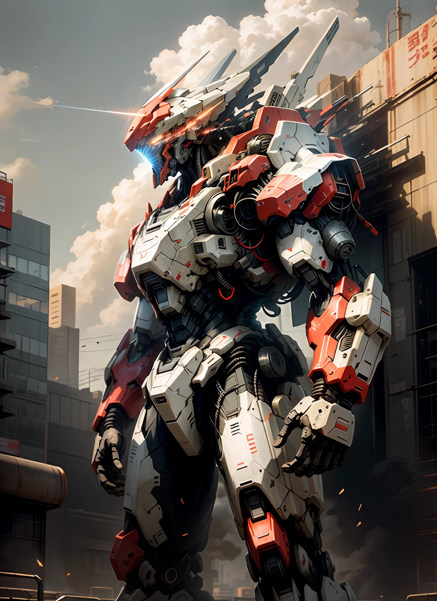 masterpiece, best quality, sky, cloud, holding_weapon, glowing, robot, building, glowing_eyes, mecha, science_fiction, city, realistic,mecha, red color, full body, looking into the distance