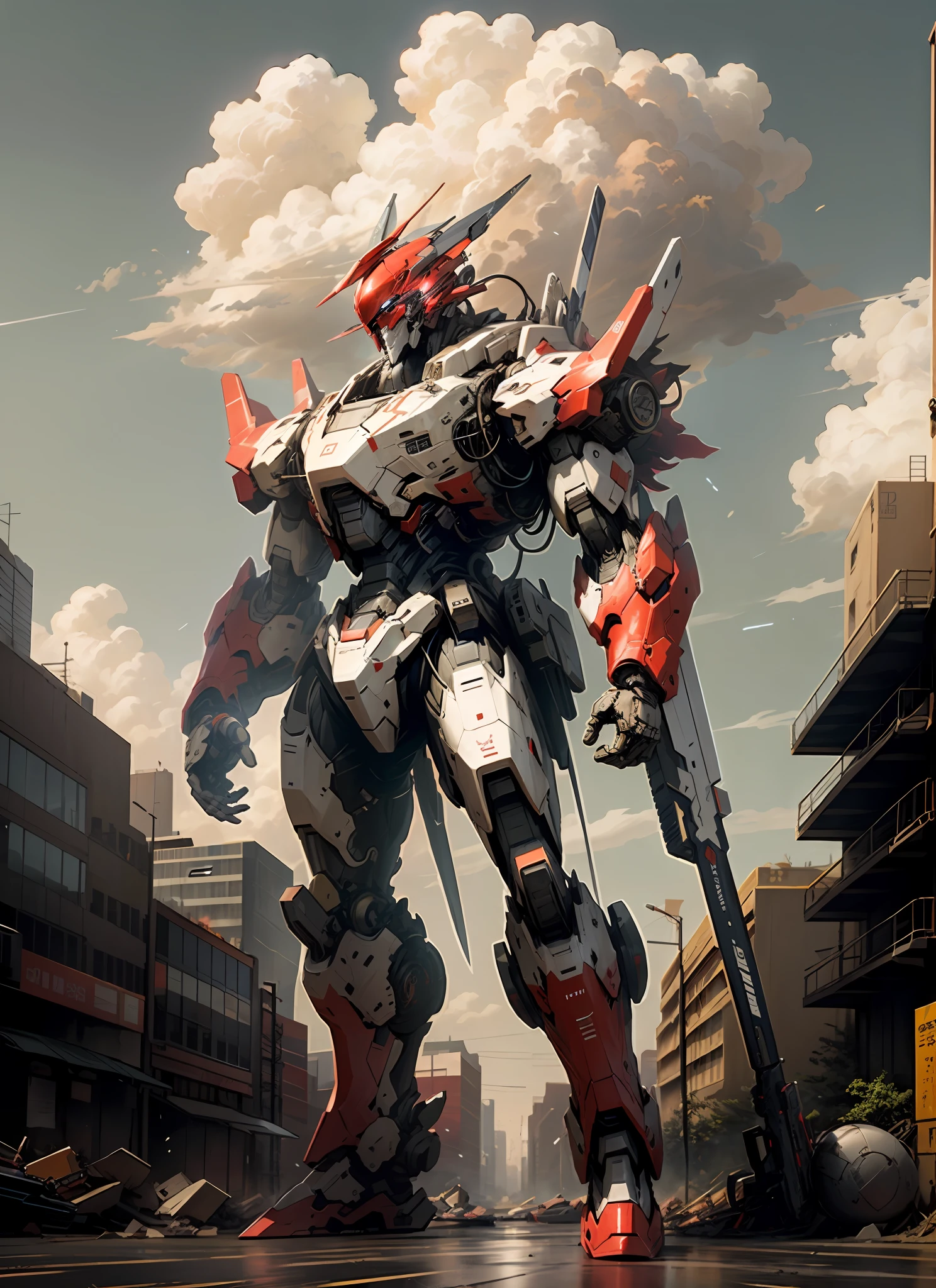 masterpiece, best quality, sky, cloud, holding_weapon, glowing, robot, building, glowing_eyes, mecha, science_fiction, city, realistic,mecha, red color, full body, looking into the distance, weapon on the back