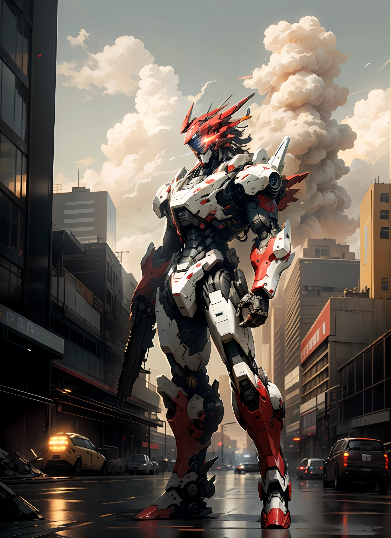 masterpiece, best quality, sky, cloud, holding_weapon, glowing, robot, building, glowing_eyes, mecha, science_fiction, city, realistic,mecha, red color, full body, looking into the distance, weapon on the back