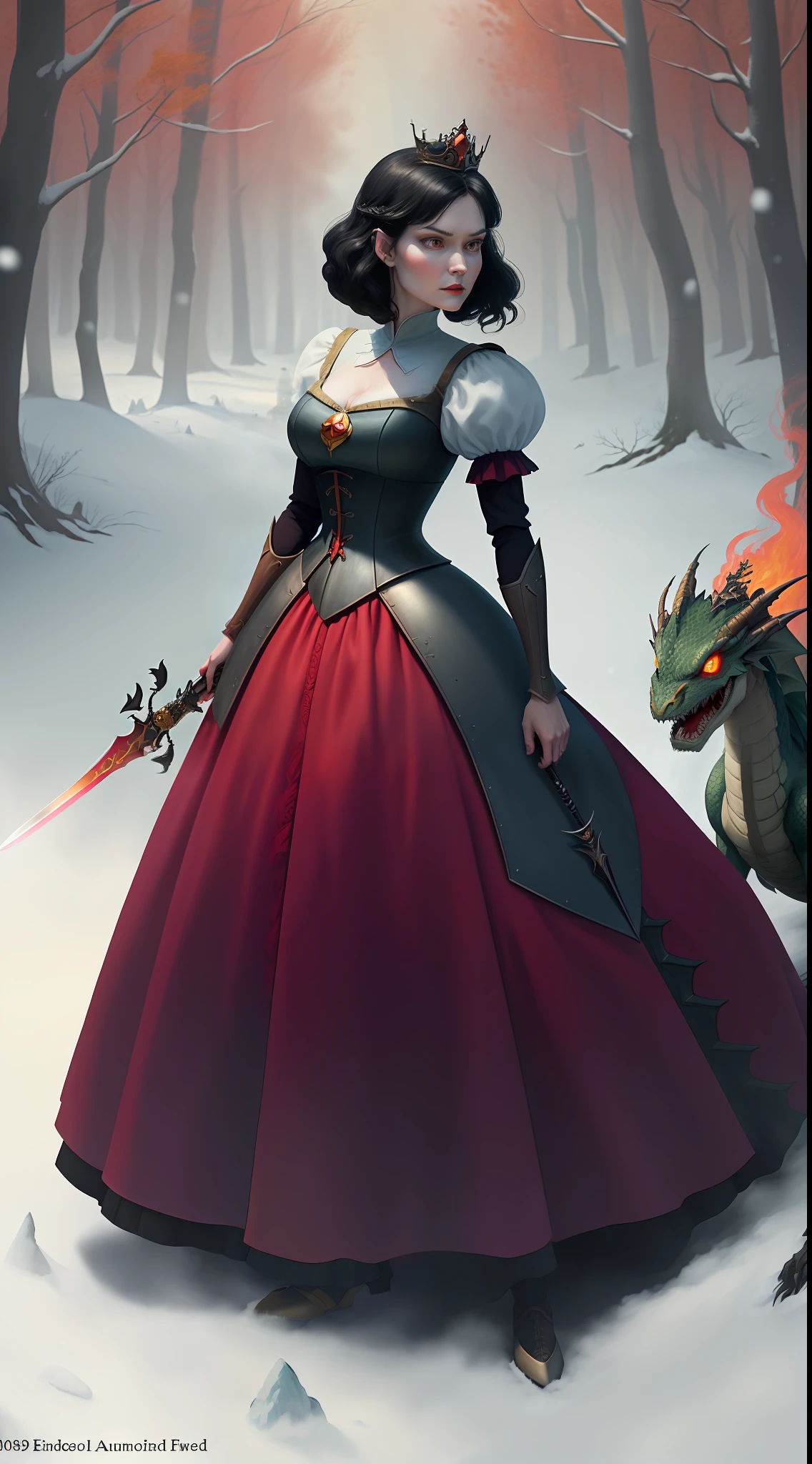 A gorgeous 25-year-old Disney princess, Snow White picks up a sword and armor and fights the dragon wearing a crown in the forest with many cute animals near her., Many flowers of various colors. A sunny day. with a river and a fairytale castle in the background. Walt Disney cartoon style masterpiece style, various angles looking at the camera, big orange and red roses, 3, cute animals, very scared, seeing something scary approaching. Detail of the angle, on his terrified face. In the background, behind snow white Appears a huge frightening dragon: epic photograph:1.3) (in the smoke with steaming embers (embers:1.2) shining in his nostrils and low flames shining in his mouth, (detailed bright eyes:1.1) with haunting look (HyperSmoke:0.4) (Unddep_768:0.4). Snow White fights the dragonO. It's autumn, there's no snow.