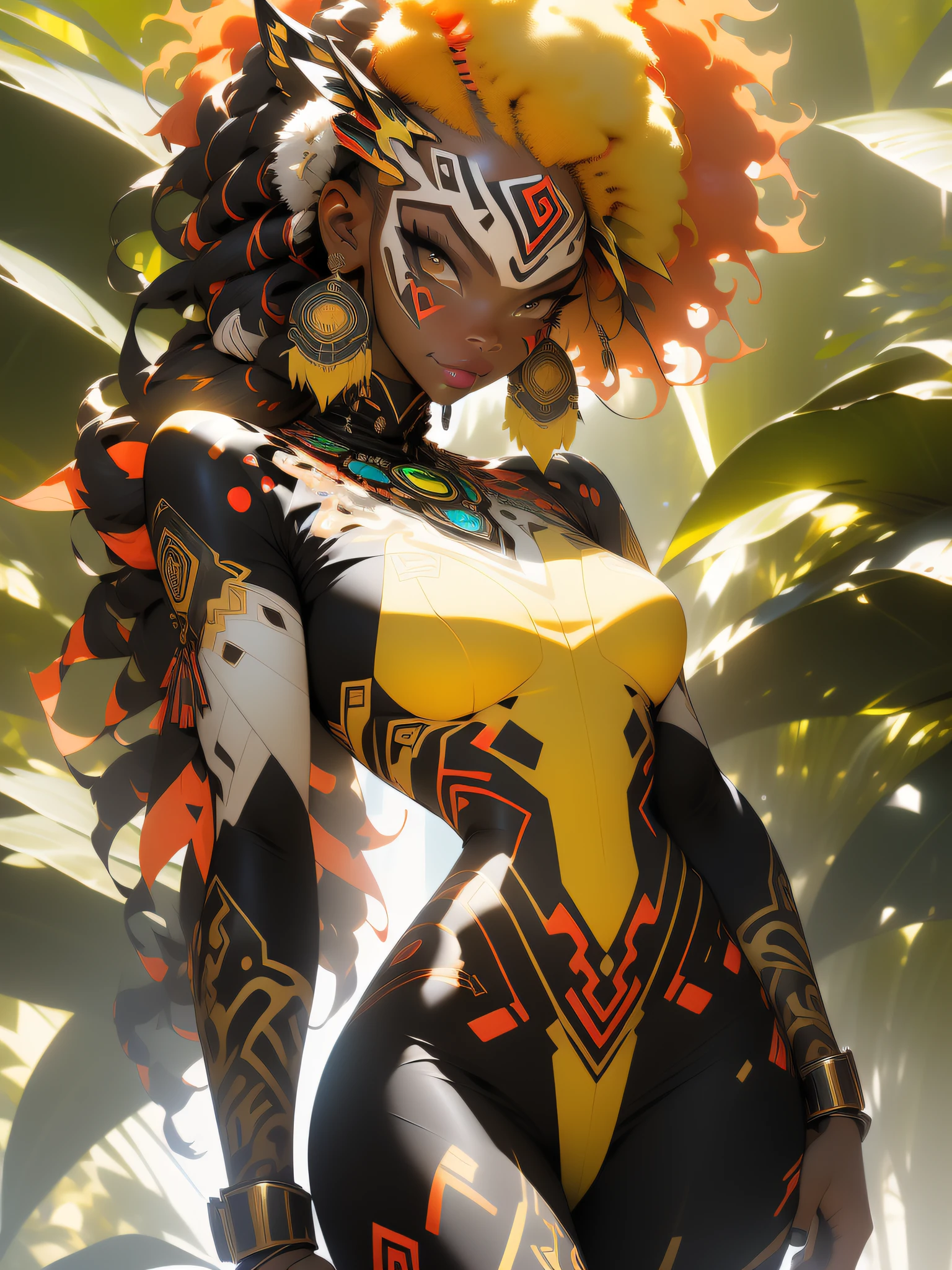 ((Best quality)), ((masterpiece)), (detailed: 1.4), (Absurd), angry African princess, ((action pose)), (((black tribal woman wearing African tribal clothing and animal skins from the savannahs)))), (((thin waist and narrow hips))), ready for war, dark skinned, black woman from southeast Africa, slender and defined body and very thin, thighs out, mouth closed, breasts out, technological clothing style Hoyoverse, Honkai Impact, Geishin Impast, almost naked, holding a tribal shield, ((medium breasts)), (eyes with heavy makeup and very black without pupils), ((green, yellow and red clothing)), ((((golden afro hair)), (tribal designs on the arms), (((tribal))), very long eyelashes, heavy eye makeup, lots of jewelry made with animal teeth, by mucha, niji --V5, near real, psychopathic, crazy face, sexy pose, african savannah landscape background, 2 piece clothing, feather shoulder pads, pastel, centered, climb to fit dimensions, HDR (High Dynamic Range),Ray Tracing,NVIDIA RTX,Super-Resolution,Unreal 5,Subsurface dispersion, PBR texture, Post-processing, Anisotropic filtering, Depth of field, Maximum clarity and sharpness, Multilayer textures, Albedo and specular maps, Surface Shading, Accurate Simulation of Light-Material Interaction, Perfect Proportions, Octane Render, Two-Tone Lighting, Wide Aperture, Low ISO, White Balance, Rule of Thirds, 8K RAW, Crysisnanosuit