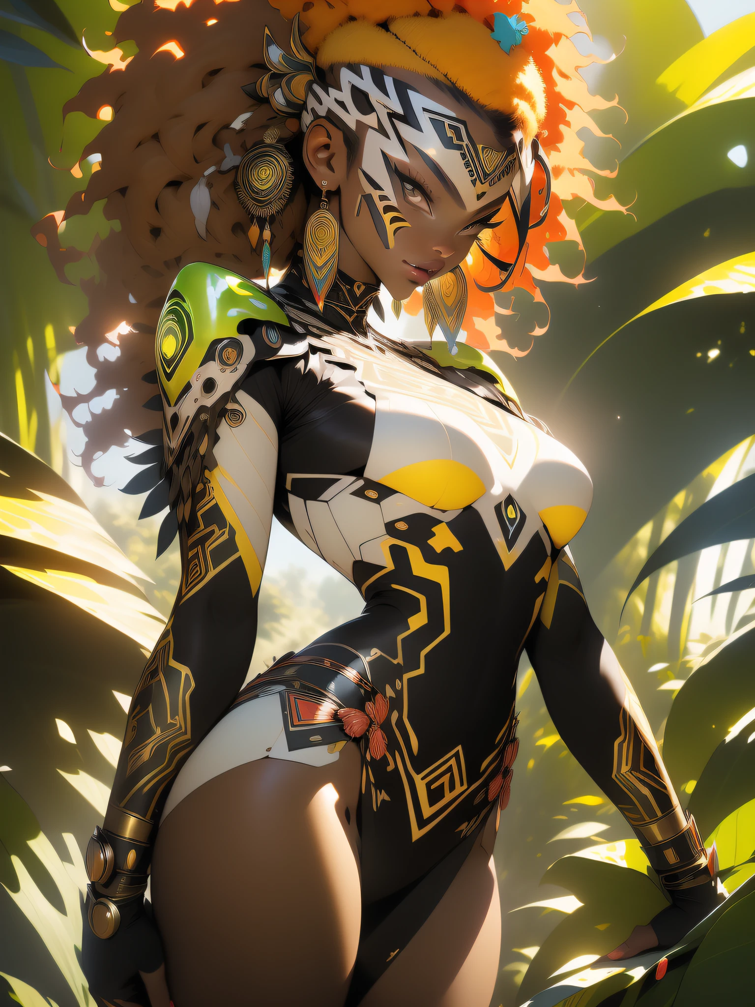 ((Best quality)), ((masterpiece)), (detailed: 1.4), (Absurd), angry African princess, ((action pose)), (((black tribal woman wearing African tribal clothing and animal skins from the savannahs)))), (((thin waist and narrow hips))), ready for war, dark skinned, black woman from southeast Africa, slender and defined body and very thin, thighs out, mouth closed, breasts out,  technological clothing style Hoyoverse, Honkai Impact, Geishin Impast, almost naked, holding a tribal shield, ((medium breasts)), (eyes with heavy makeup and very black without pupils), ((green, yellow and red clothing)), ((((golden afro hair)), (tribal designs on the arms), (((tribal))), very long eyelashes, heavy eye makeup, lots of jewelry e with animal teeth, by mucha, niji --V5,  near real, psyhic, crazy facxy pose, afr savannah landscape background, 2 piece clothing, feather shoulder pads, pastel, centered, climb to fit dimensions, HDR (High Dynamic Range),Ray Tracing,NVIDIA RTX,Super-Resolution,Unreal 5,Subsurface dispersion, PBR texture, Post-processing, Anisotropic filtering, Depth of field, Maximum clarity and sharpness, Multilayer textures, Albedo and specular maps,  Surface Shading, Accurate Simulation of Light-Material Interaction, Perfect Proportions, Octane Render, Two-Tone Lighting, Wide Aperture, Low ISO, White Balance, Rule of Thirds, 8K RAW, Crysisnanosuit