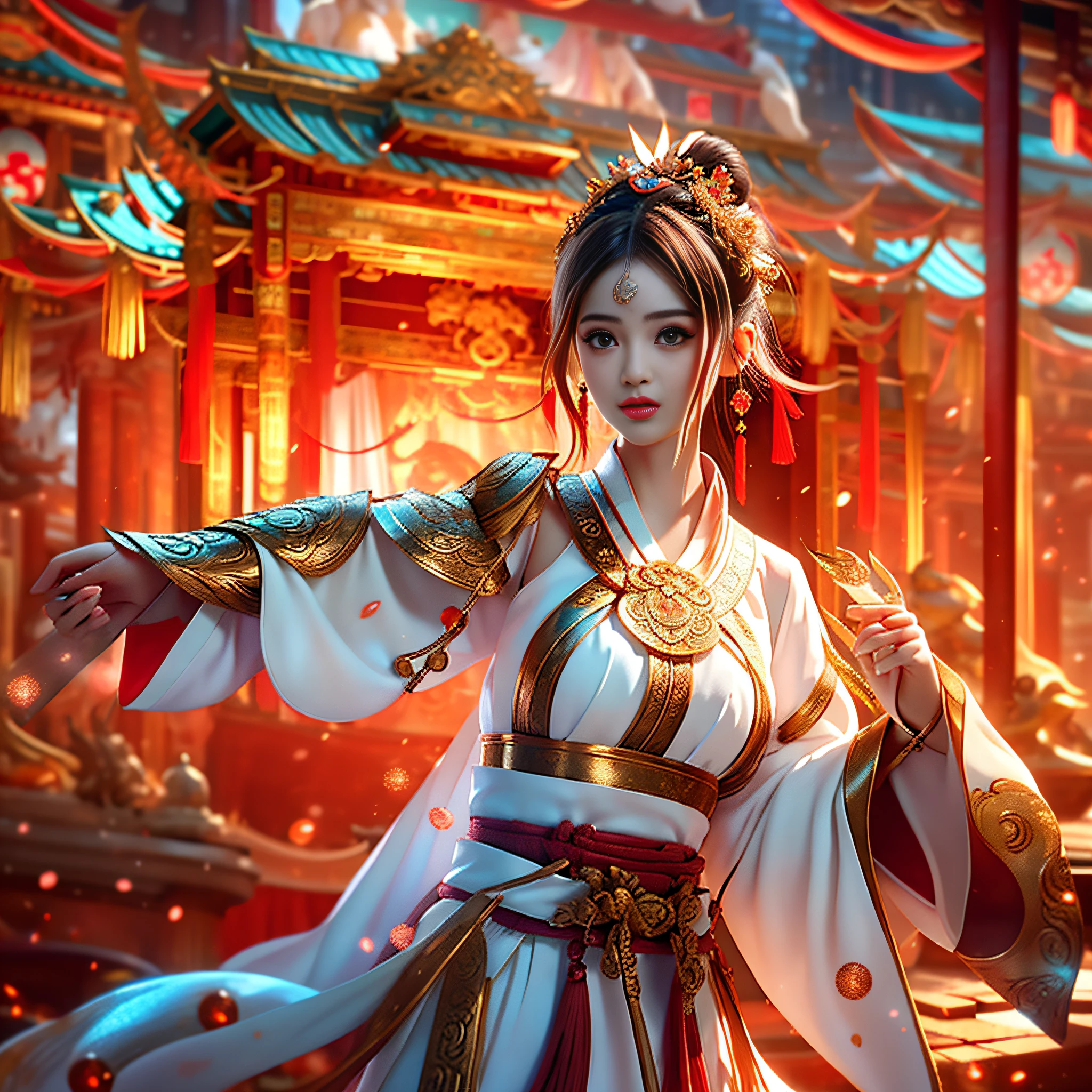 Masterpiece 1 Girl Theme: Ancient Chinese Beauty - 10 Manners: Steady, Elegant, Generous - 8 Facial Expression: Smile - 7 Facial Features: Elegant, Pointed Chin - 9 Eyes: Brown, Gentle Expression - 9 Lips: Slightly Open, Apply Light Pink Lipstick - 7 Skin: Fair and Flawless - 9 Earrings: Beautiful and Elegance, Highlighting Classical Beauty - 6 Background: Mahogany Architecture, Fairy Tale Style, Surreal Atmosphere and Soft Sunshine - 10 Professional Movie Screen Looking at the Audience Fingers Reasonable, Finger Optimized Fist Background Senfu Milky white fairy clothes Neck rationalization jewelry holiness.