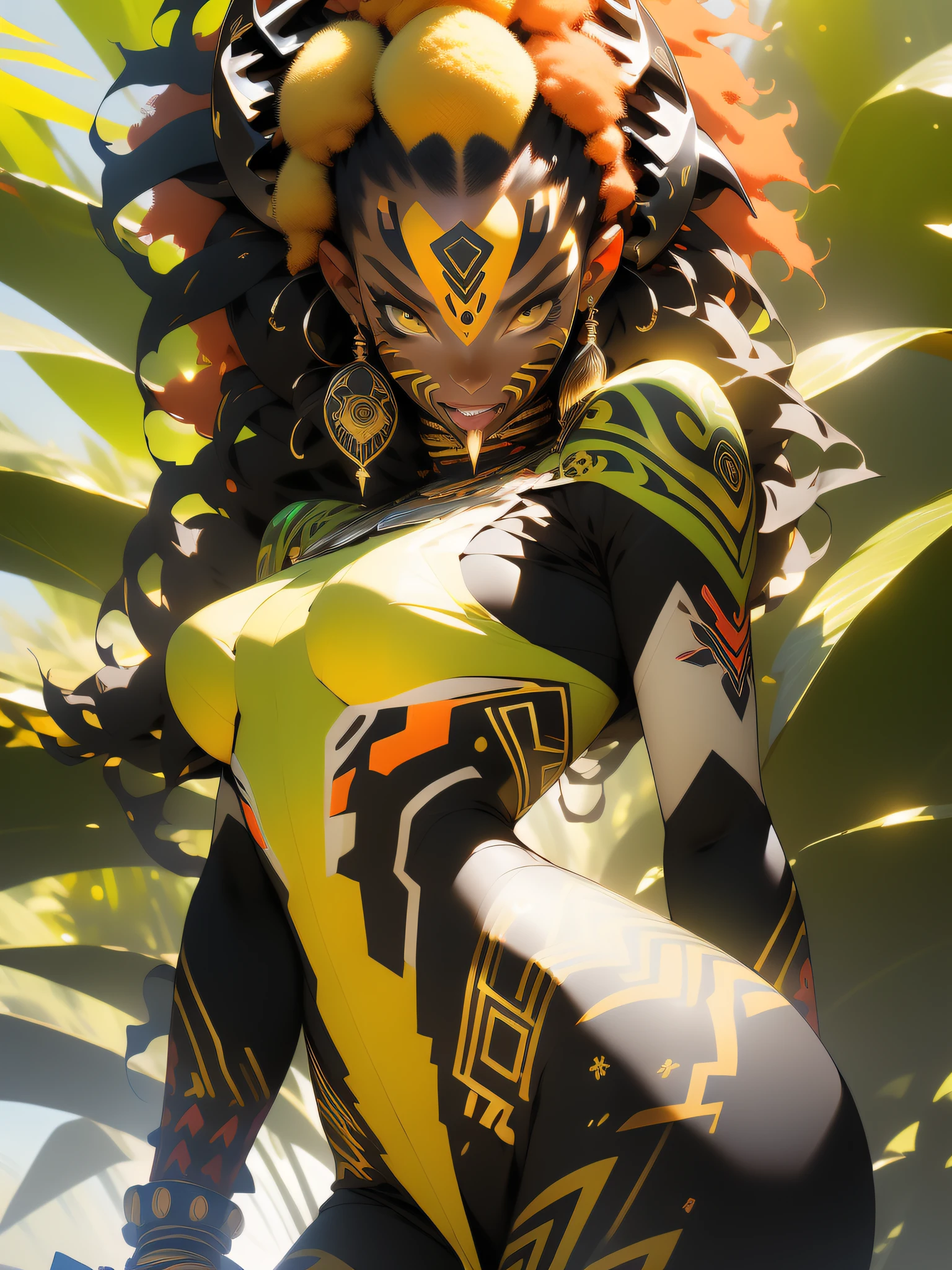 ((Best quality)), ((masterpiece)), (detailed: 1.4), (Absurd), angry African princess, ((action pose)), (((black tribal woman wearing African tribal clothing and animal skins from the savannahs)))), (((thin waist and narrow hips))), ready for war, dark skinned, black woman from southeast Africa, slender and defined body and very thin, thighs out, mouth closed, breasts out,  technological clothing style Hoyoverse, Honkai Impact, Geishin Impast, almost naked, holding a tribal shield, ((medium breasts)), (eyes with heavy makeup and very black without pupils), ((green, yellow and red clothing)), ((((golden afro hair)), (tribal designs on the arms), (((tribal))), very long eyelashes, heavy eye makeup, lots of jewelry made with animal teeth, by mucha, niji --V5,  near real, psychopathic, crazy face, sexy pose, african savannah landscape background, 2 piece clothing, feather shoulder pads, pastel, centered, climb to fit dimensions, HDR (High Dynamic Range),Ray Tracing,NVIDIA RTX,Super-Resolution,Unreal 5,Subsurface dispersion, PBR texture, Post-processing, Anisotropic filtering, Depth of field, Maximum clarity and sharpness, Multilayer textures, Albedo and specular maps,  Surface Shading, Accurate Simulation of Light-Material Interaction, Perfect Proportions, Octane Render, Two-Tone Lighting, Wide Aperture, Low ISO, White Balance, Rule of Thirds, 8K RAW, Crysisnanosuit