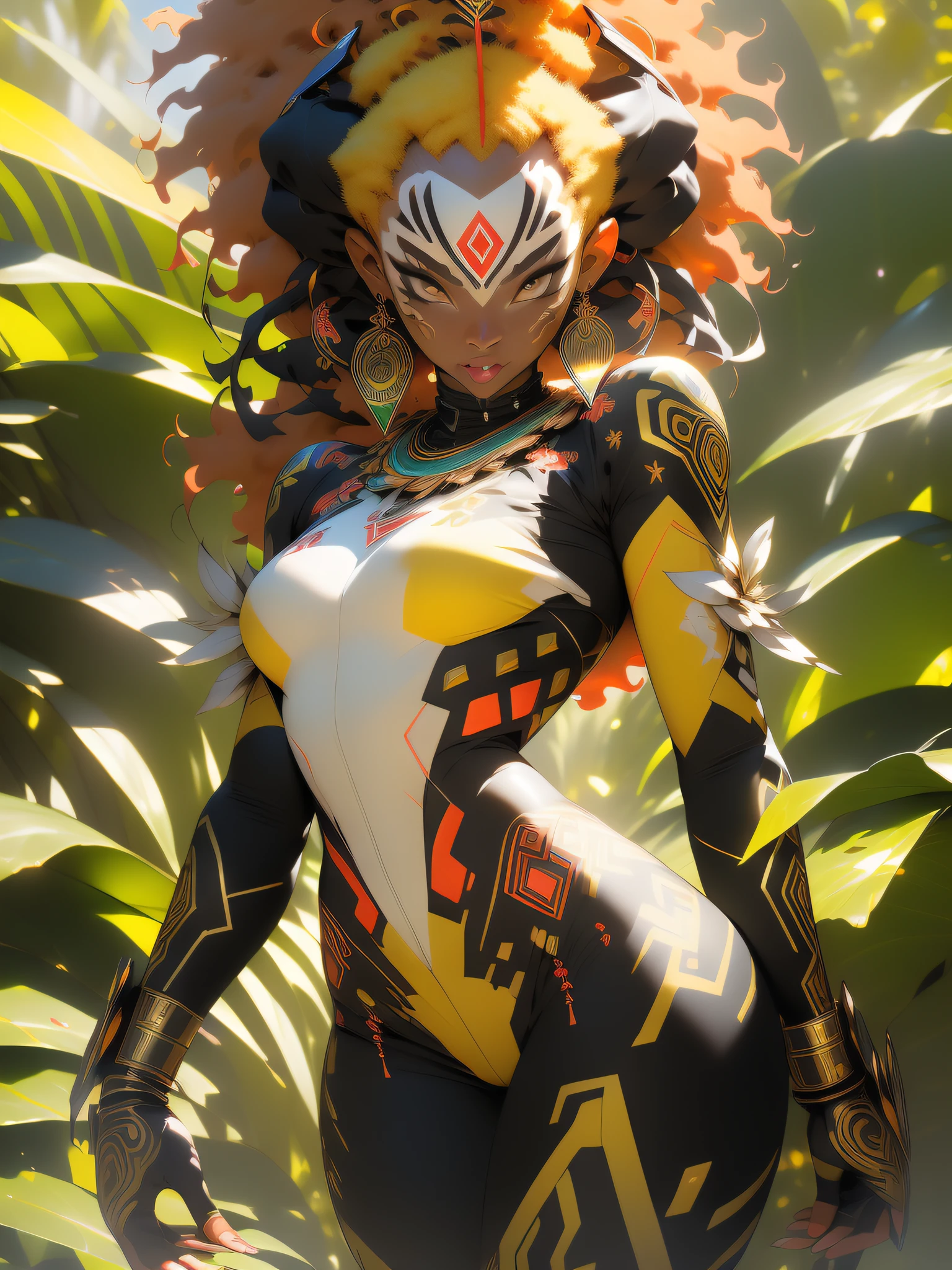 ((Best quality)), ((masterpiece)), (detailed: 1.4), (Absurd), angry African princess, ((action pose)), (((black tribal woman wearing African tribal clothing and animal skins from the savannahs)))), (((thin waist and narrow hips))), ready for war, dark skinned, black woman from southeast Africa, slender and defined body and very thin, thighs out, mouth closed, breasts out, technological clothing style Hoyoverse, Honkai Impact, Geishin Impast, almost naked, holding a tribal shield, ((medium breasts)), (eyes with heavy makeup and very black without pupils), ((green, yellow and red clothing)), ((((golden afro hair)), (tribal designs on the arms), (((tribal))), very long eyelashes, heavy eye makeup, lots of jewelry made with animal teeth, by mucha, niji --V5, near real, psychopathic, crazy face, sexy pose, african savannah landscape background, 2 piece clothing, feather shoulder pads, pastel, centered, climb to fit dimensions, HDR (High Dynamic Range),Ray Tracing,NVIDIA RTX,Super-Resolution,Unreal 5,Subsurface dispersion, PBR texture, Post-processing, Anisotropic filtering, Depth of field, Maximum clarity and sharpness, Multilayer textures, Albedo and specular maps, Surface Shading, Accurate Simulation of Light-Material Interaction, Perfect Proportions, Octane Render, Two-Tone Lighting, Wide Aperture, Low ISO, White Balance, Rule of Thirds, 8K RAW, Crysisnanosuit