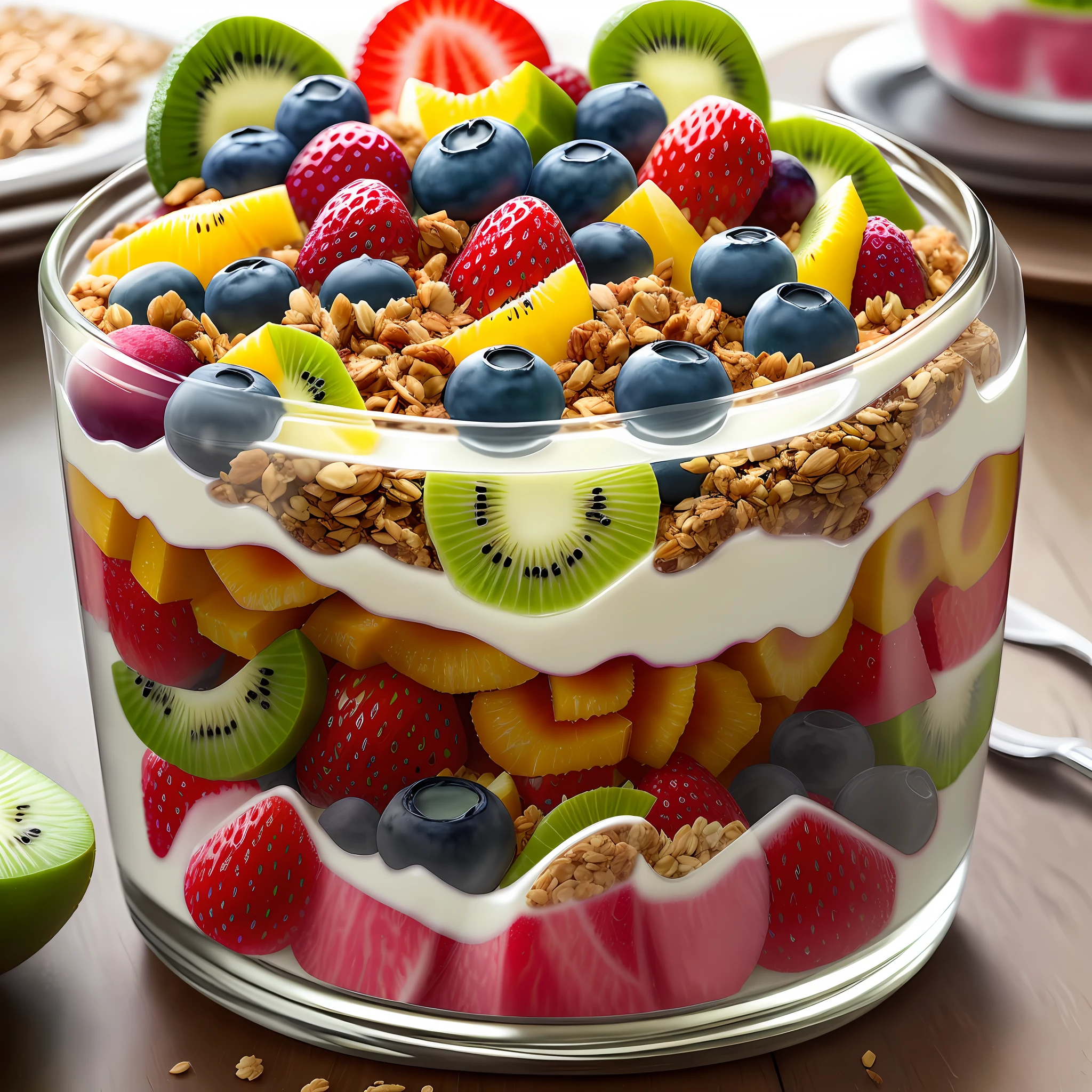 Clear! Here is a visual description of the Yogurt and Fruit Parfait recipe:
A transparent cup or container reveals layers of vibrant colors. At the base is a thick layer of natural low-fat yogurt, with a creamy tone. On top of the yogurt, there is a variety of chopped fresh fruits, such as bright red strawberries, juicy purple blueberries, and pieces of vibrant green kiwi. These fruits add a touch of freshness and an explosion of colors to the dessert. A tablespoon of granola with no added sugar is gently spread over the fruits, adding crunch and texture. Finally, small chia seeds are sprinkled over the granola, adding a touch of visual contrast. At the top of the glass, you can see the combination of colorful layers, creating an attractive, balanced and delicious dessert.