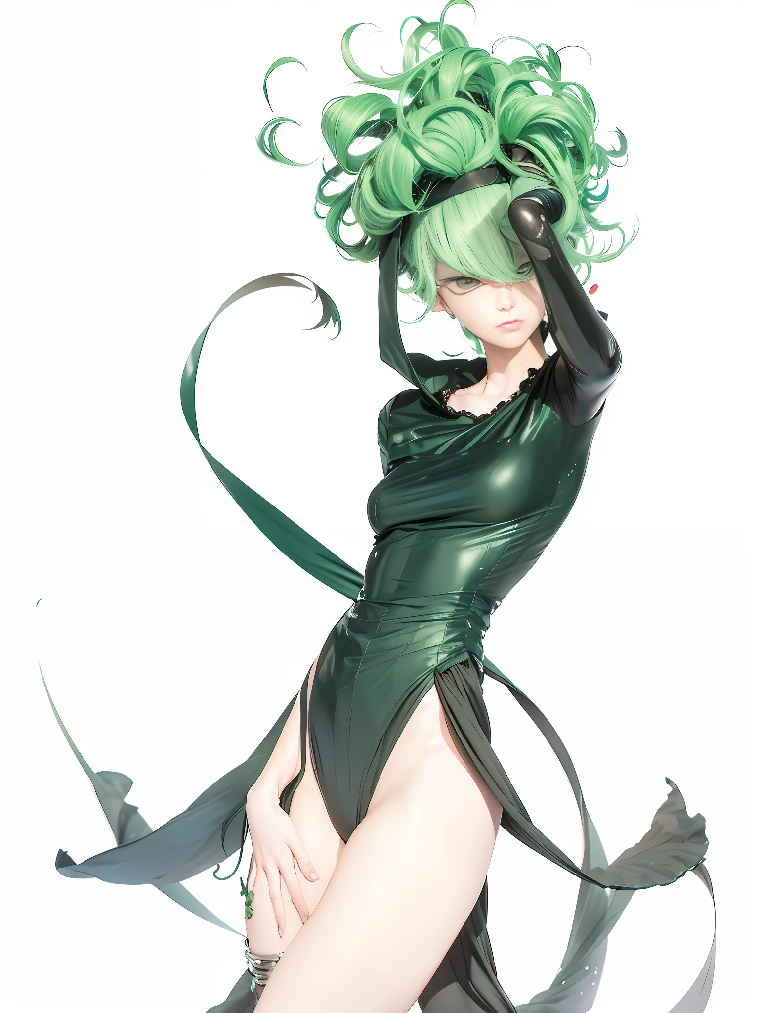 a drawing of a woman with green hair and a black dress, tatsumaki from one punch man, tatsumaki, tatsumaki with green curly hair, high quality colored sketch, anime woman fullbody art, rogue anime girl, made with anime painter studio, inspired by amano, style of yoshitaka amano