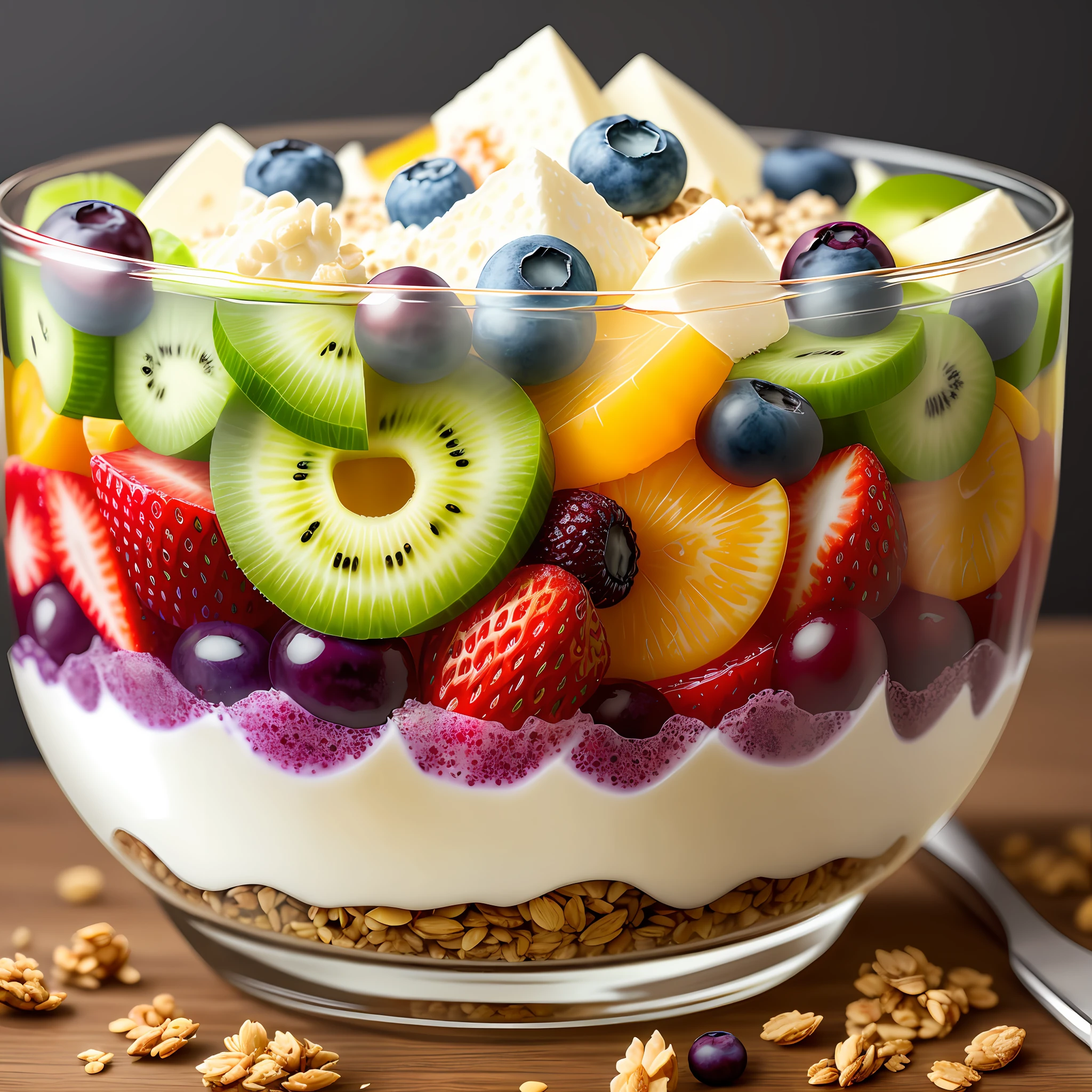 Clear! Here is a visual description of the Yogurt and Fruit Parfait recipe:

A transparent cup or container reveals layers of vibrant colors. At the base is a thick layer of natural low-fat yogurt, with a creamy tone. On top of the yogurt, there is a variety of chopped fresh fruits, such as bright red strawberries, juicy purple blueberries, and pieces of vibrant green kiwi. These fruits add a touch of freshness and an explosion of colors to the dessert. A tablespoon of granola with no added sugar is gently spread over the fruits, adding crunch and texture. Finally, small chia seeds are sprinkled over the granola, adding a touch of visual contrast. At the top of the glass, you can see the combination of colorful layers, creating an attractive, balanced and delicious dessert.
