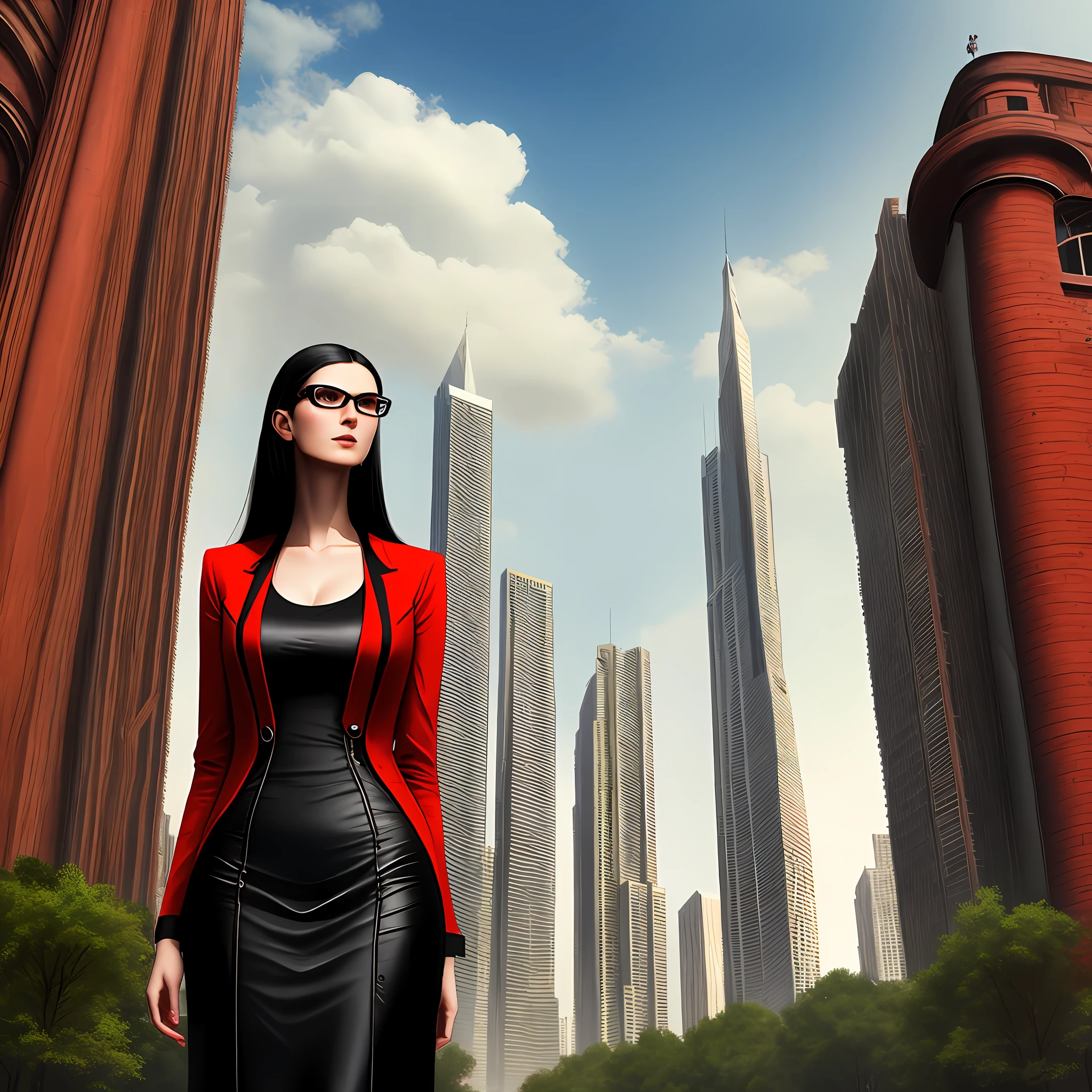 Tall beautiful woman with black hair with glasses scenery ruins black and red clothes