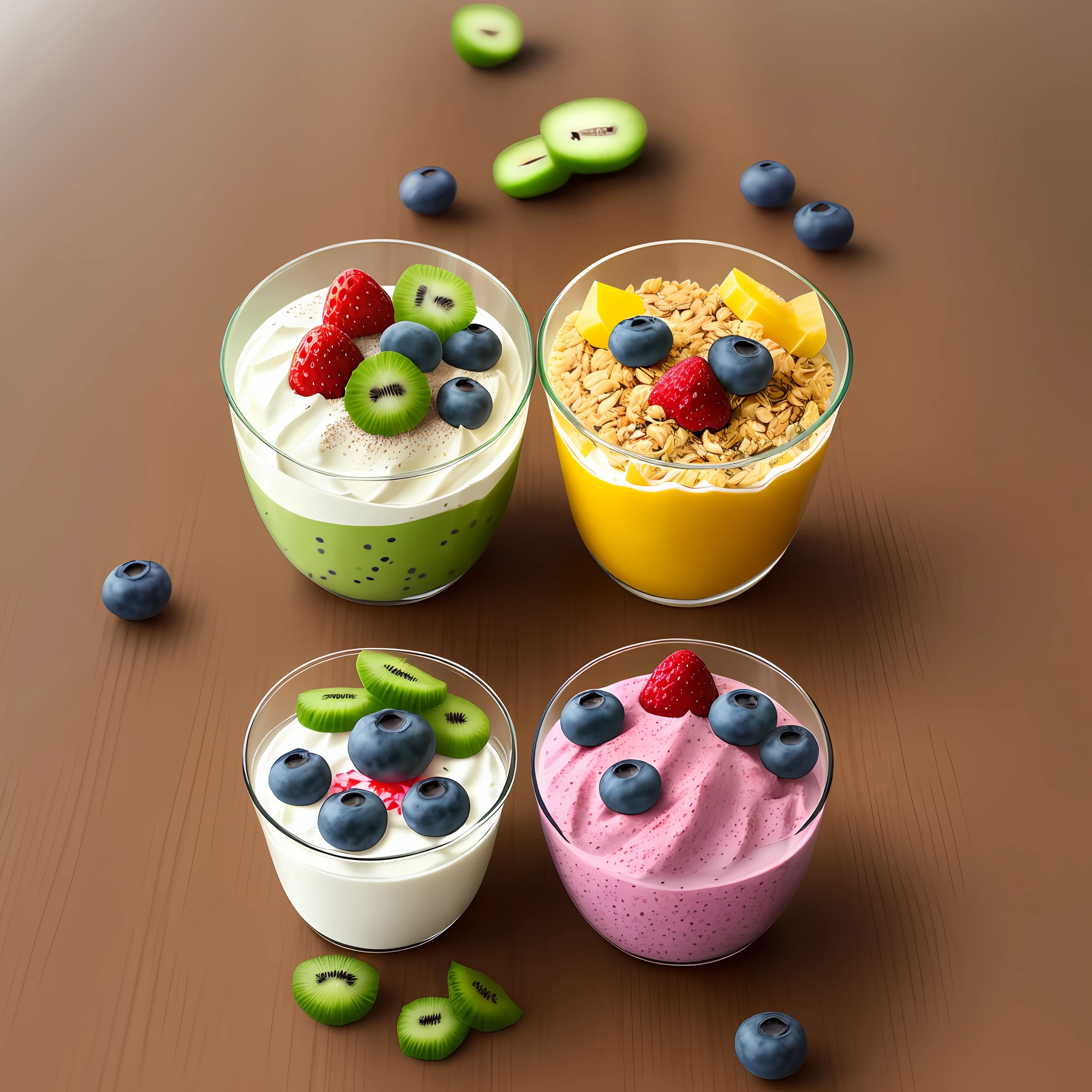 Clear! Here is a visual description of the Yogurt and Fruit Parfait recipe:
A transparent cup or container reveals layers of vibrant colors. At the base is a thick layer of natural low-fat yogurt, with a creamy tone. On top of the yogurt, there is a variety of chopped fresh fruits, such as bright red strawberries, juicy purple blueberries, and pieces of vibrant green kiwi. These fruits add a touch of freshness and an explosion of colors to the dessert. A tablespoon of granola with no added sugar is gently spread over the fruits, adding crunch and texture. Finally, small chia seeds are sprinkled over the granola, adding a touch of visual contrast. At the top of the glass, you can see the combination of colorful layers, creating an attractive, balanced and delicious dessert.