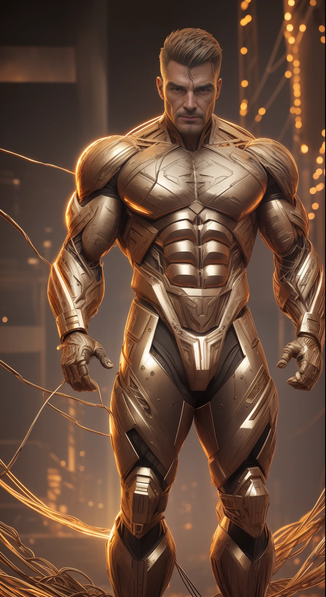 (Very attractive) muscular cyborg mature man with a (chisled model face), chisled features, exposed wires, gold oil leaking from rusty wires, lights, extremely asthetically chiseled physique, old destress metal, full body shot, huge Crotch bulge, --auto --s2