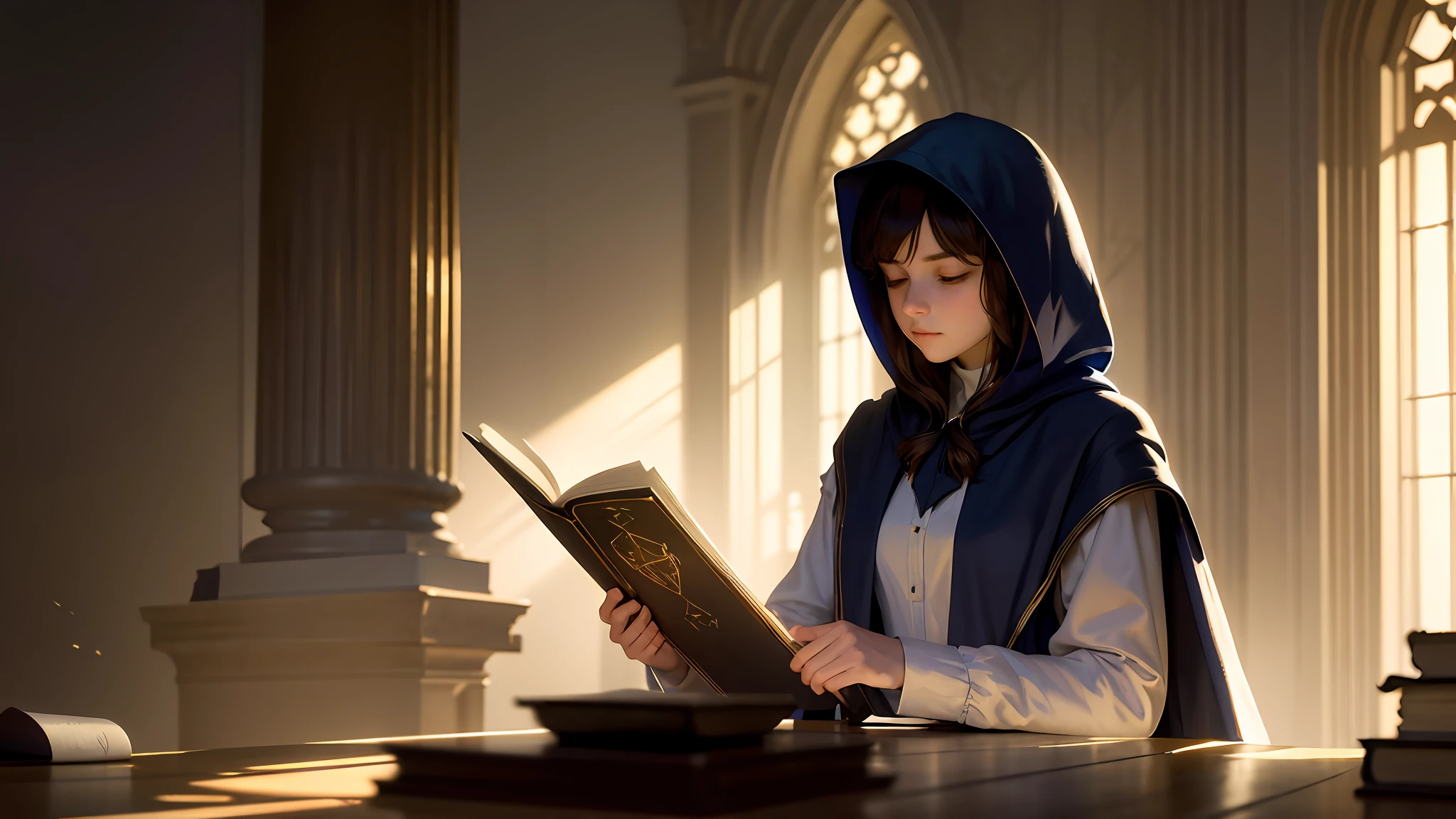 masterpiece, best quality, John Singer Sargent, young sorceress studying, hood up, moody lighting, tranquil, calm, glow, glowing, mystical, magical, rim lighting